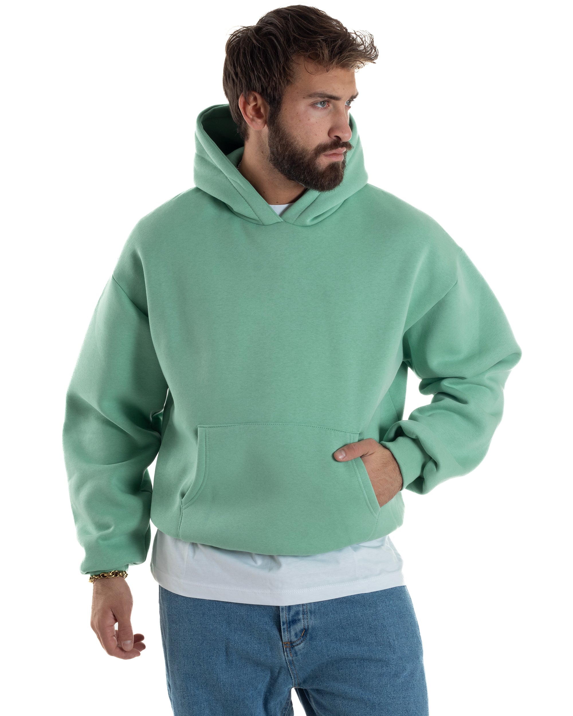 Felpa Con Cappuccio Uomo Boxy Fit Basic Felpata Comoda Tinta Unita Verde Salvia GIOSAL-F2992A