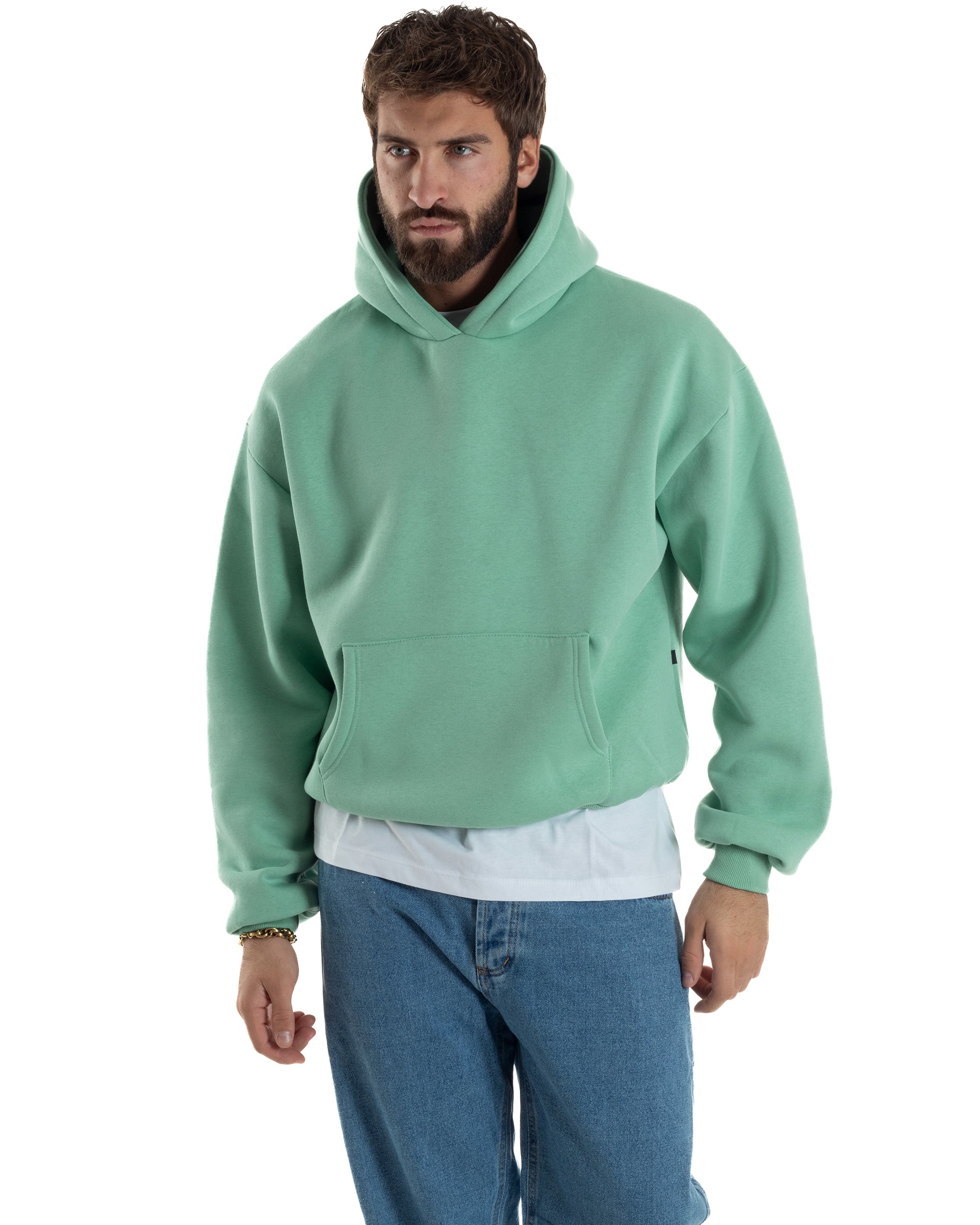 Felpa Con Cappuccio Uomo Boxy Fit Basic Felpata Comoda Tinta Unita Verde Salvia GIOSAL-F2992A