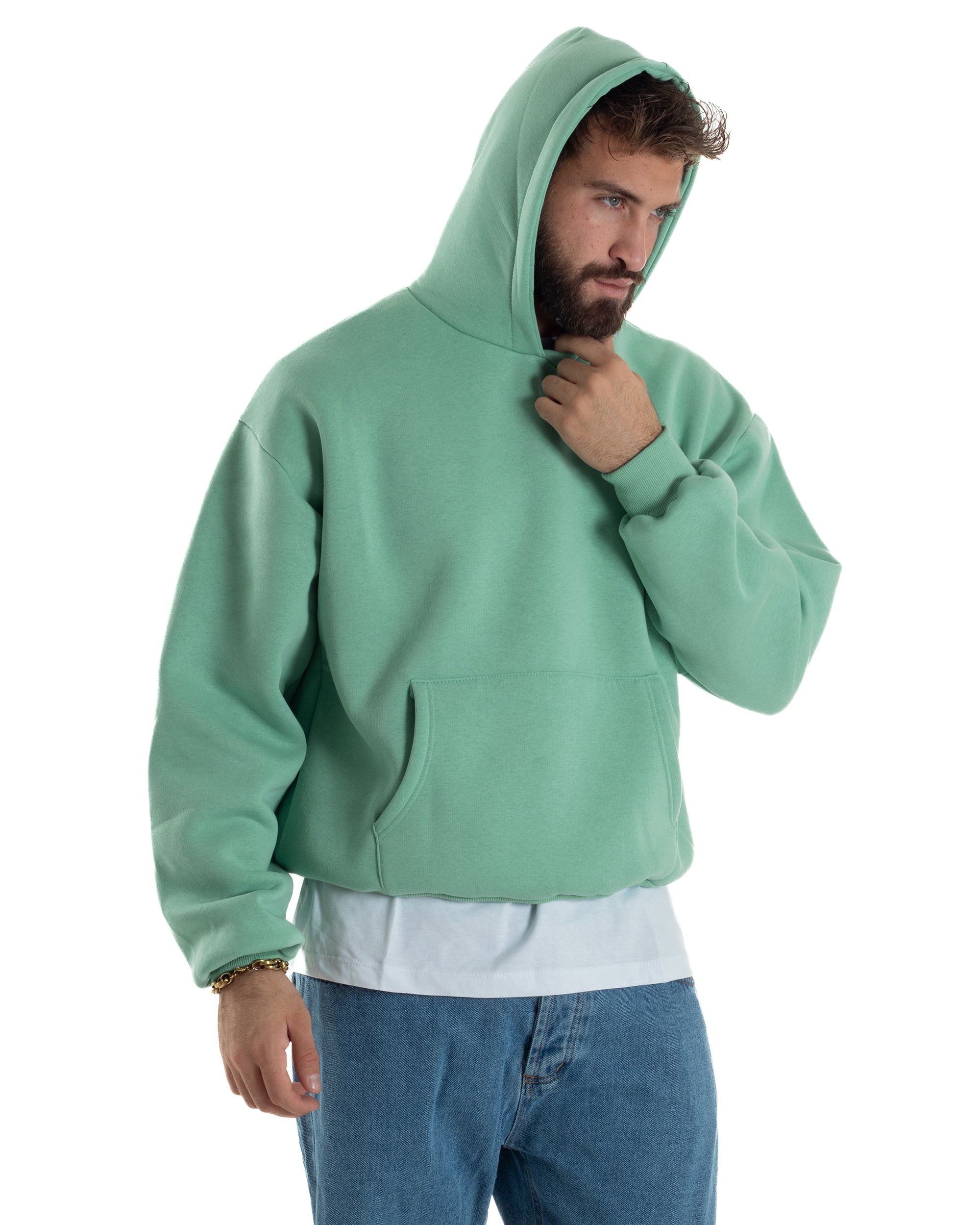 Felpa Con Cappuccio Uomo Boxy Fit Basic Felpata Comoda Tinta Unita Verde Salvia GIOSAL-F2992A