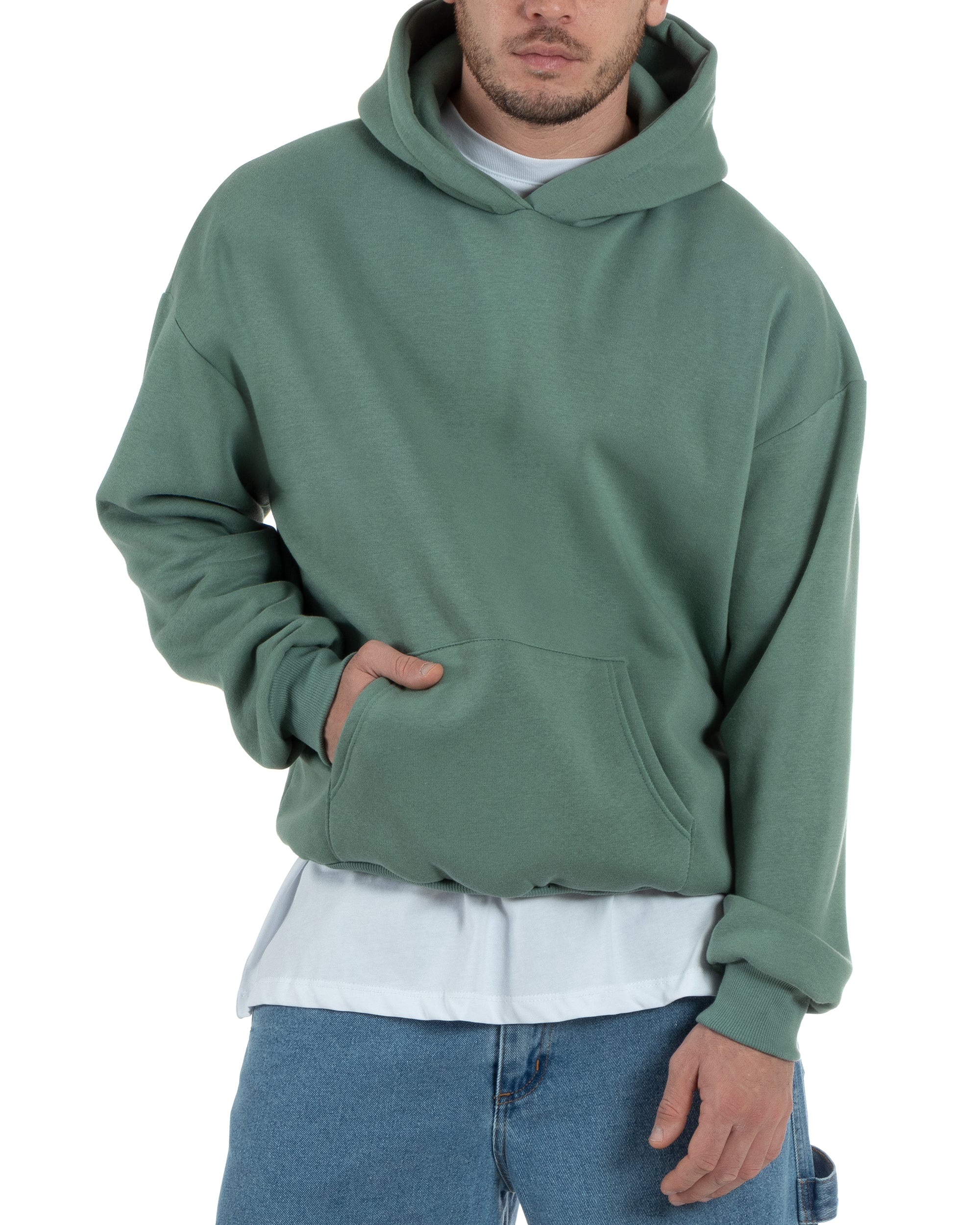 Felpa Con Cappuccio Uomo Boxy Fit Basic Felpata Comoda Tinta Unita Verde Salvia GIOSAL-F2992A