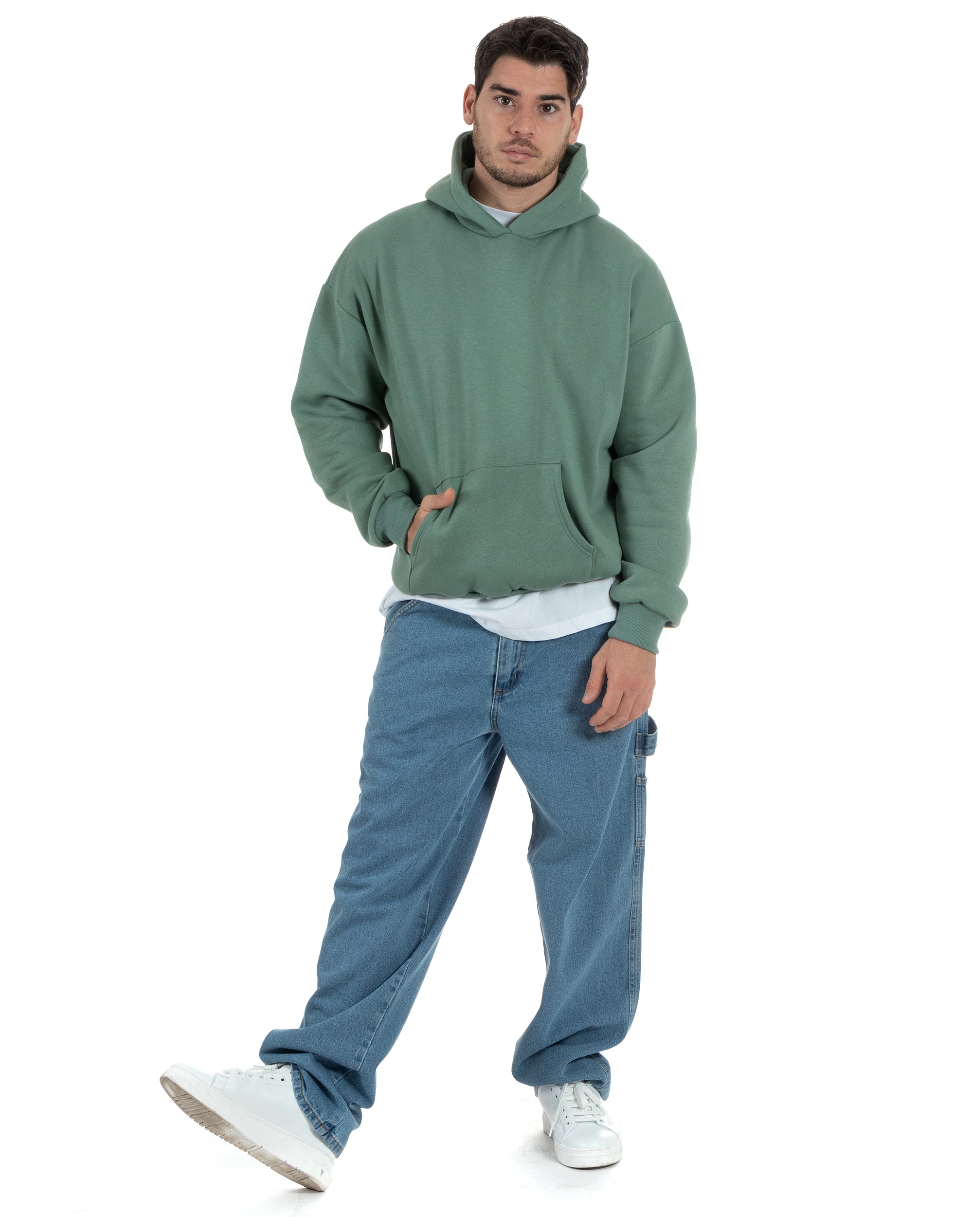 Felpa Con Cappuccio Uomo Boxy Fit Basic Felpata Comoda Tinta Unita Verde Salvia GIOSAL-F2992A