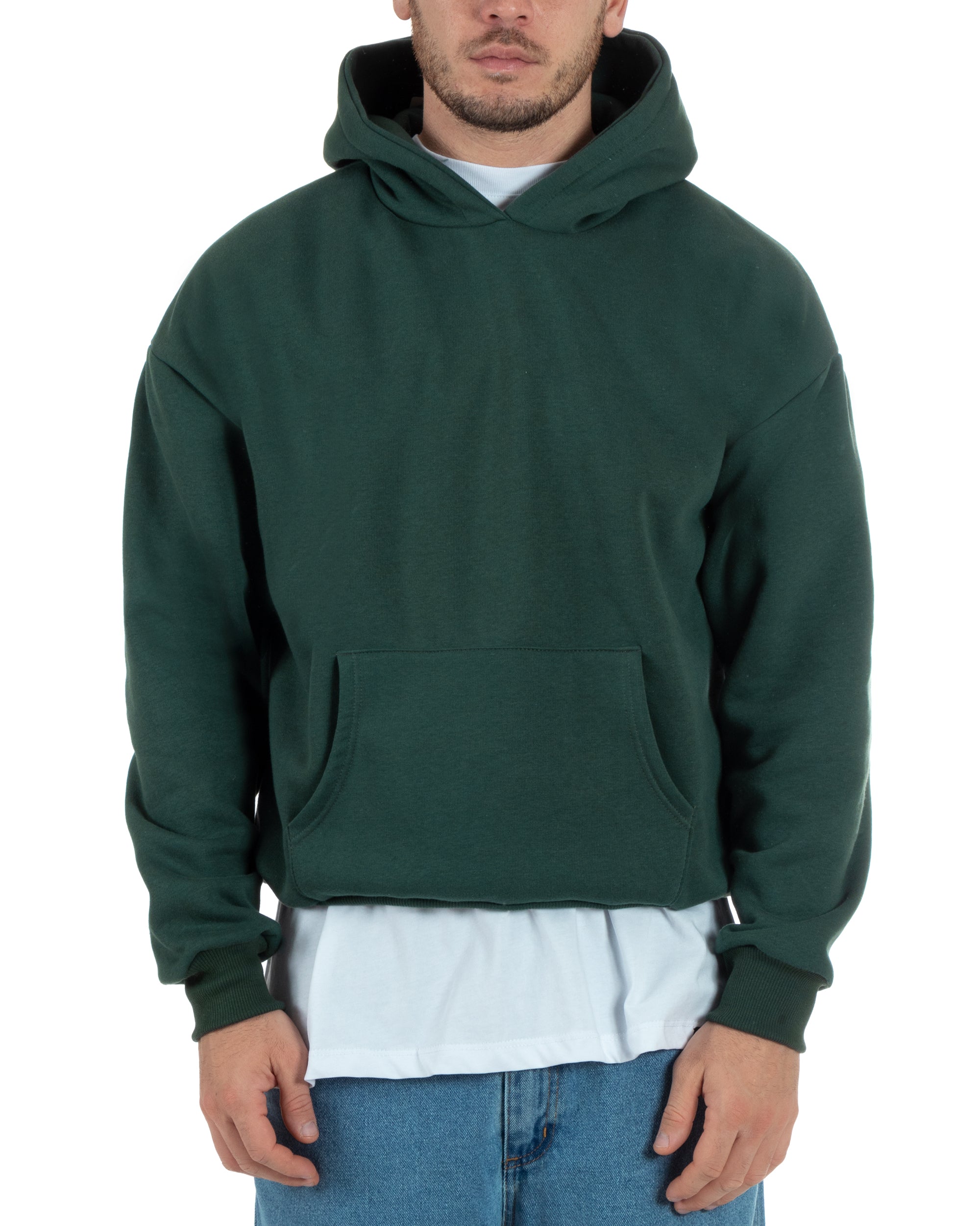 Felpa Con Cappuccio Uomo Boxy Fit Basic Felpata Comoda Tinta Unita Verde GIOSAL-F2993A