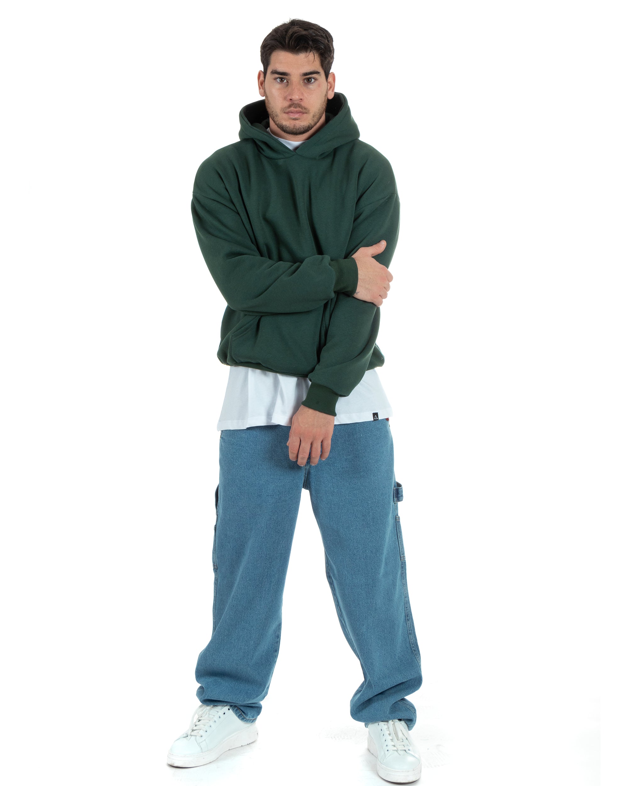 Felpa Con Cappuccio Uomo Boxy Fit Basic Felpata Comoda Tinta Unita Verde GIOSAL-F2993A