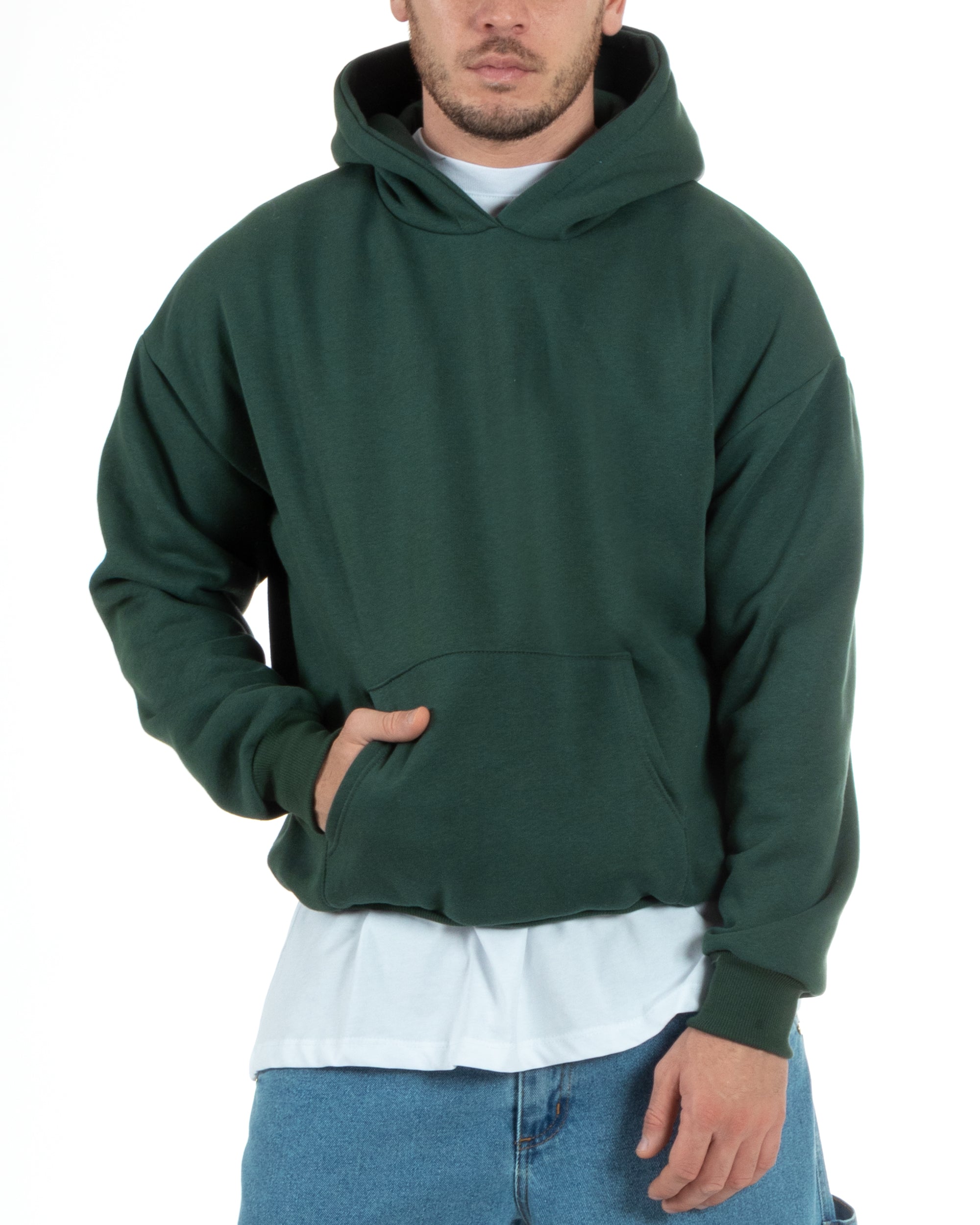 Felpa Con Cappuccio Uomo Boxy Fit Basic Felpata Comoda Tinta Unita Verde GIOSAL-F2993A