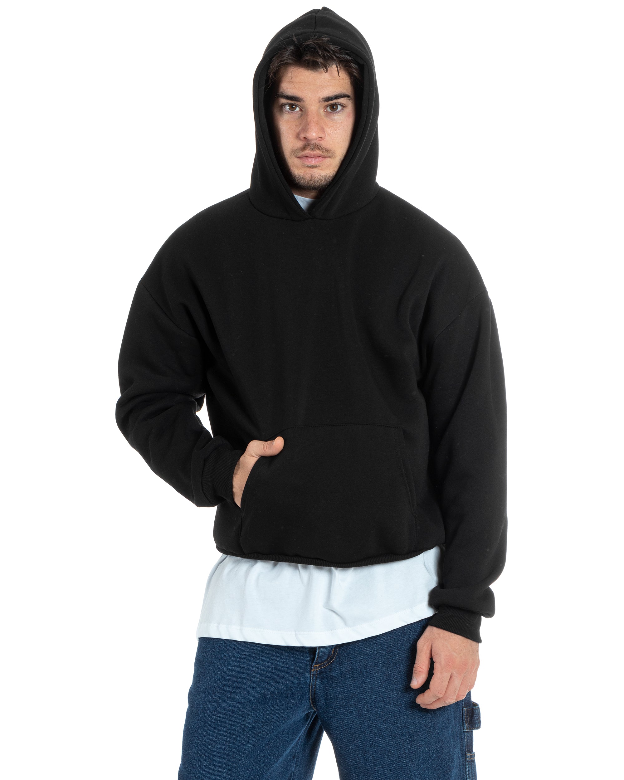 Felpa Con Cappuccio Uomo Boxy Fit Basic Felpata Comoda Nero F2994A