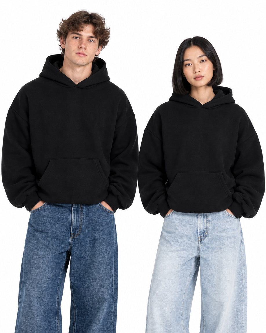 Felpa Con Cappuccio Uomo Boxy Fit Basic Felpata Comoda Nero F2994A