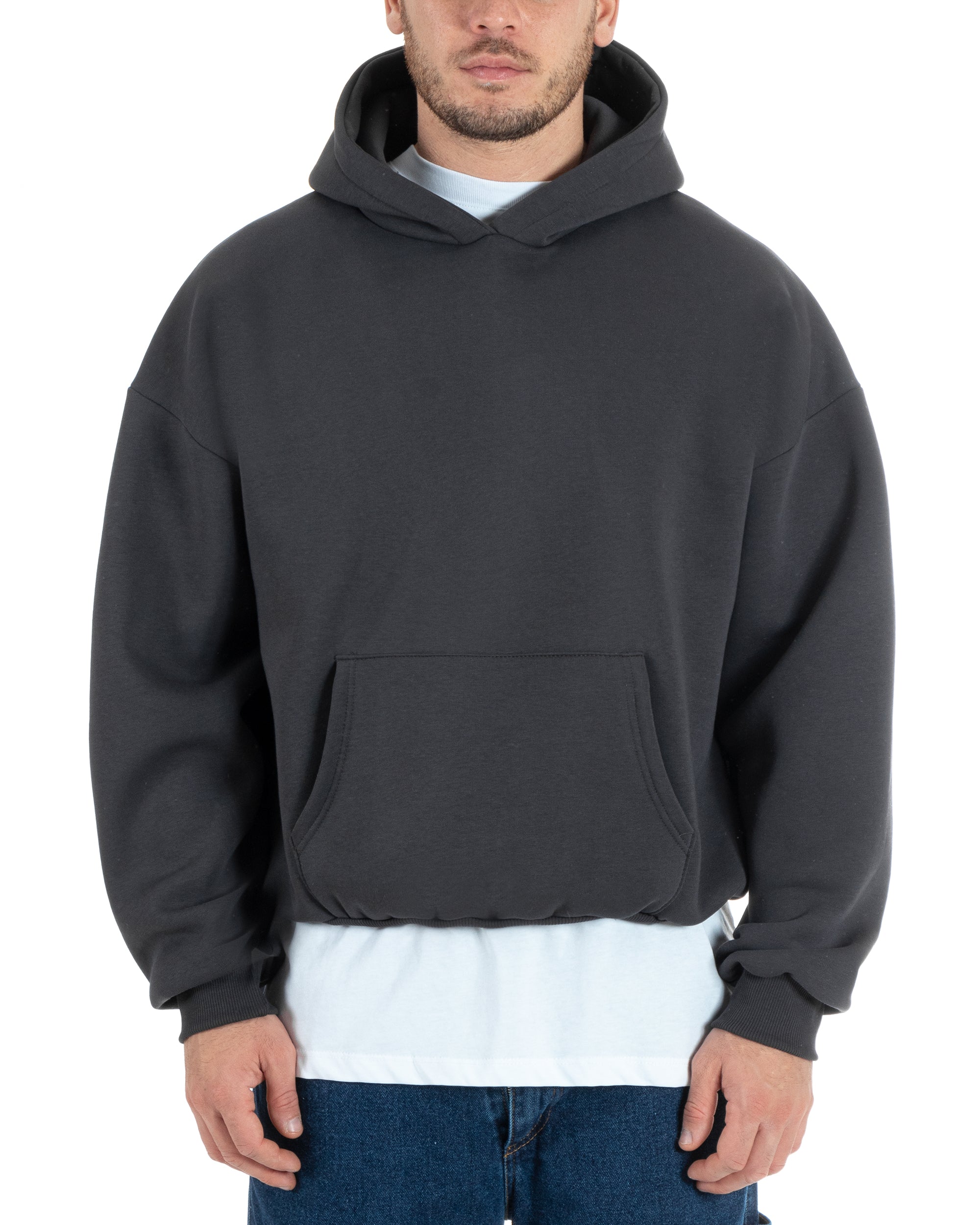 Felpa Con Cappuccio Uomo Boxy Fit Basic Felpata Comoda Piombo F2995A