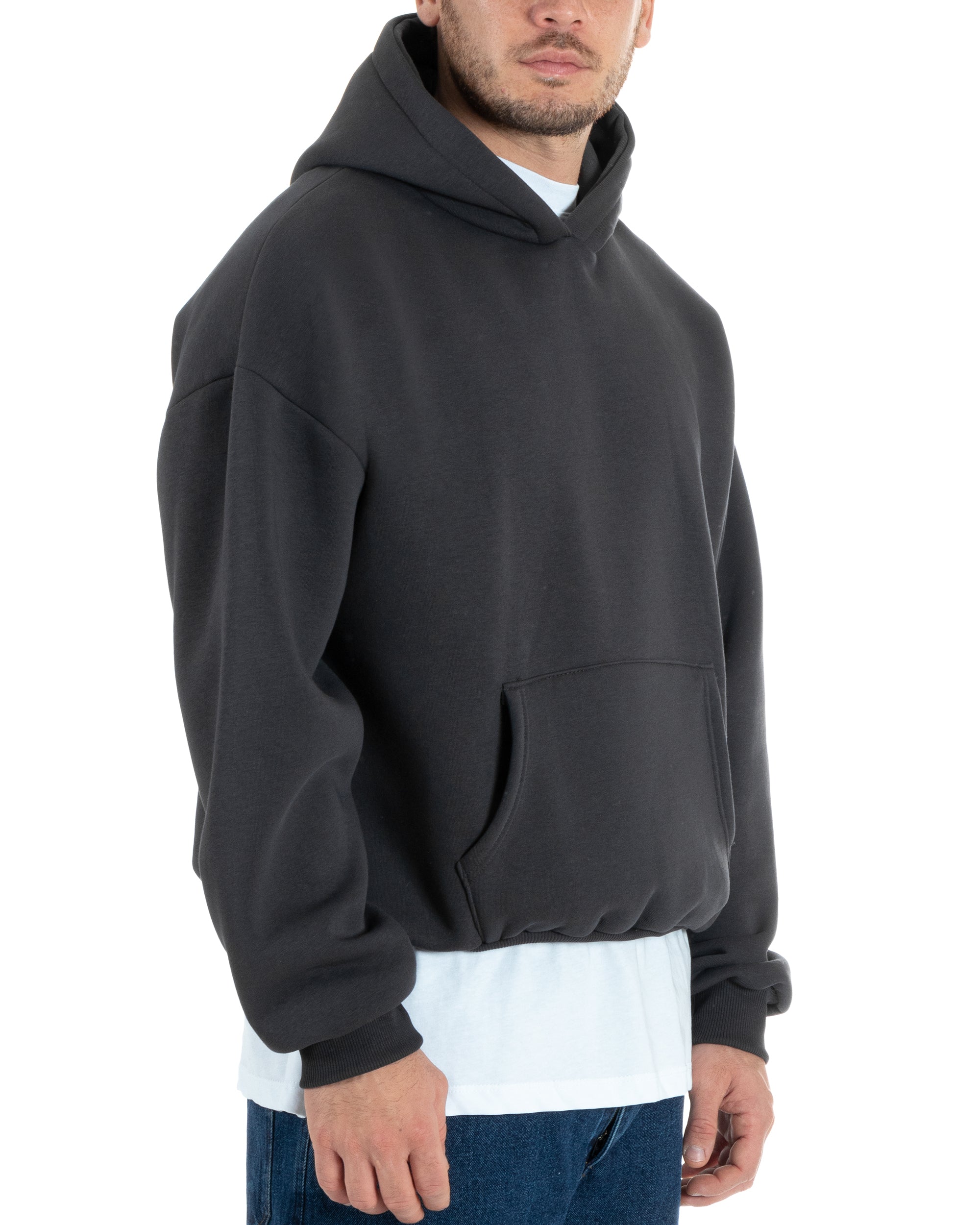 Felpa Con Cappuccio Uomo Boxy Fit Basic Felpata Comoda Piombo F2995A