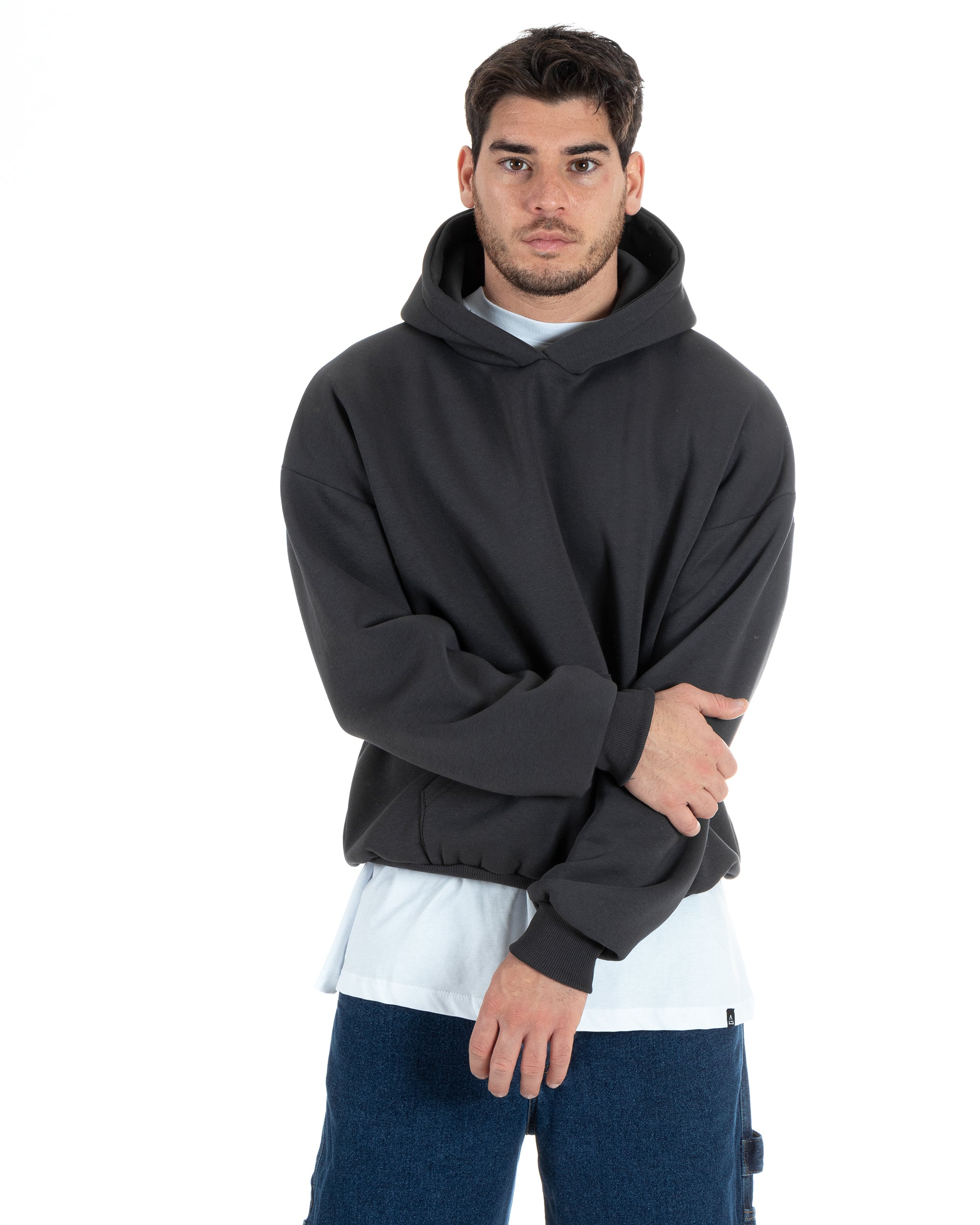 Felpa Con Cappuccio Uomo Boxy Fit Basic Felpata Comoda Piombo F2995A