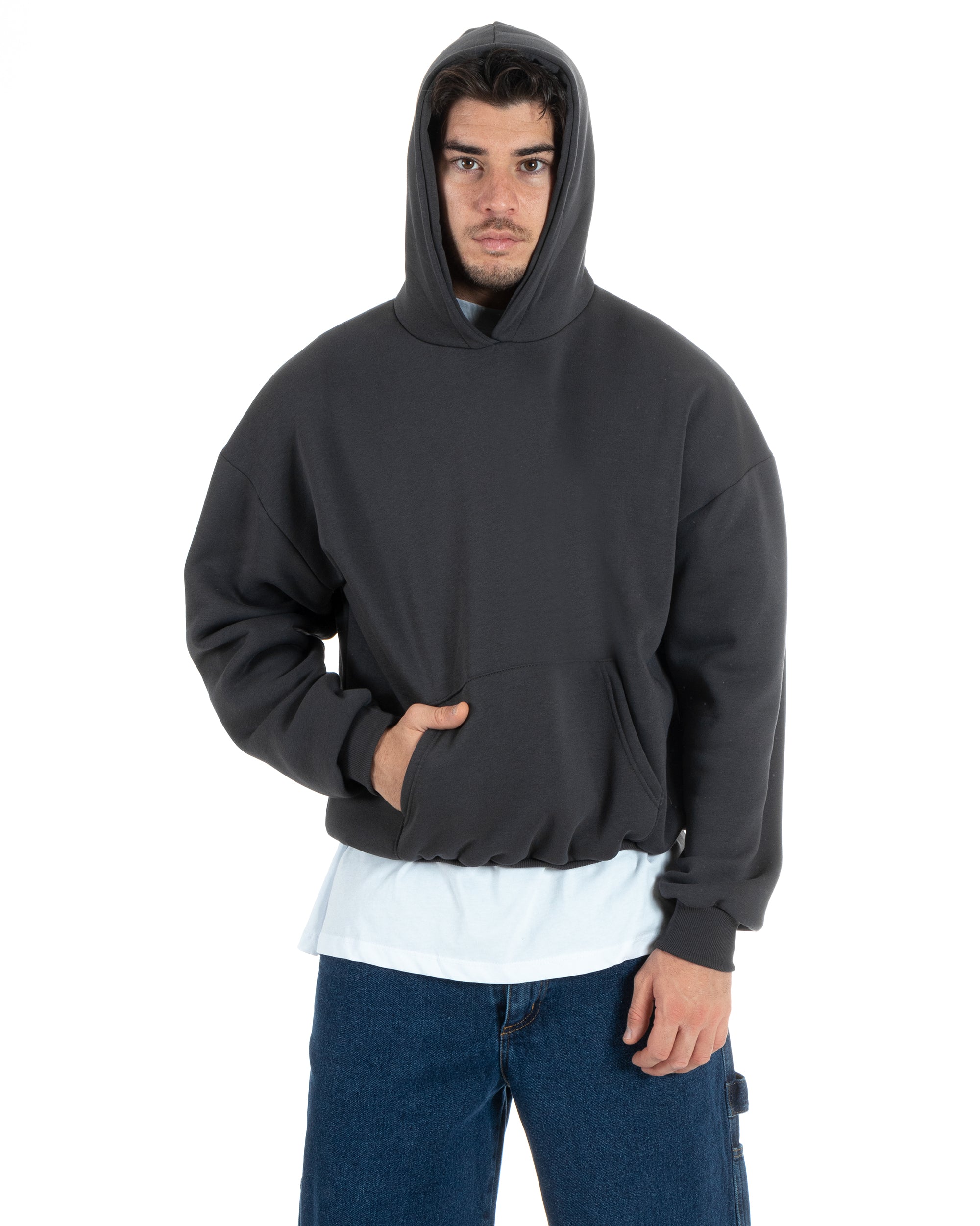 Felpa Con Cappuccio Uomo Boxy Fit Basic Felpata Comoda Piombo F2995A