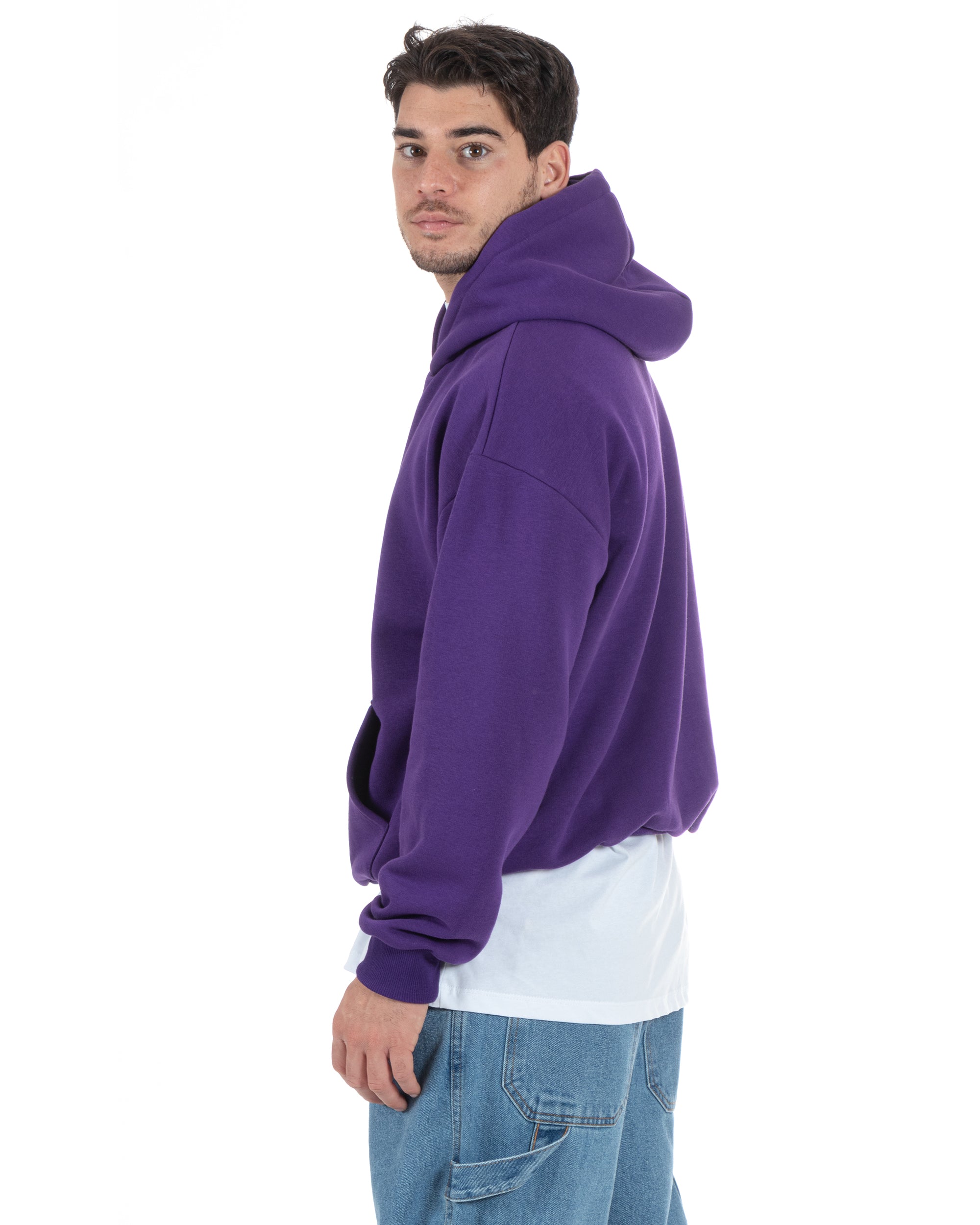 Felpa Con Cappuccio Uomo Boxy Fit Basic Felpata Comoda Tinta Unita Viola GIOSAL-F2997A