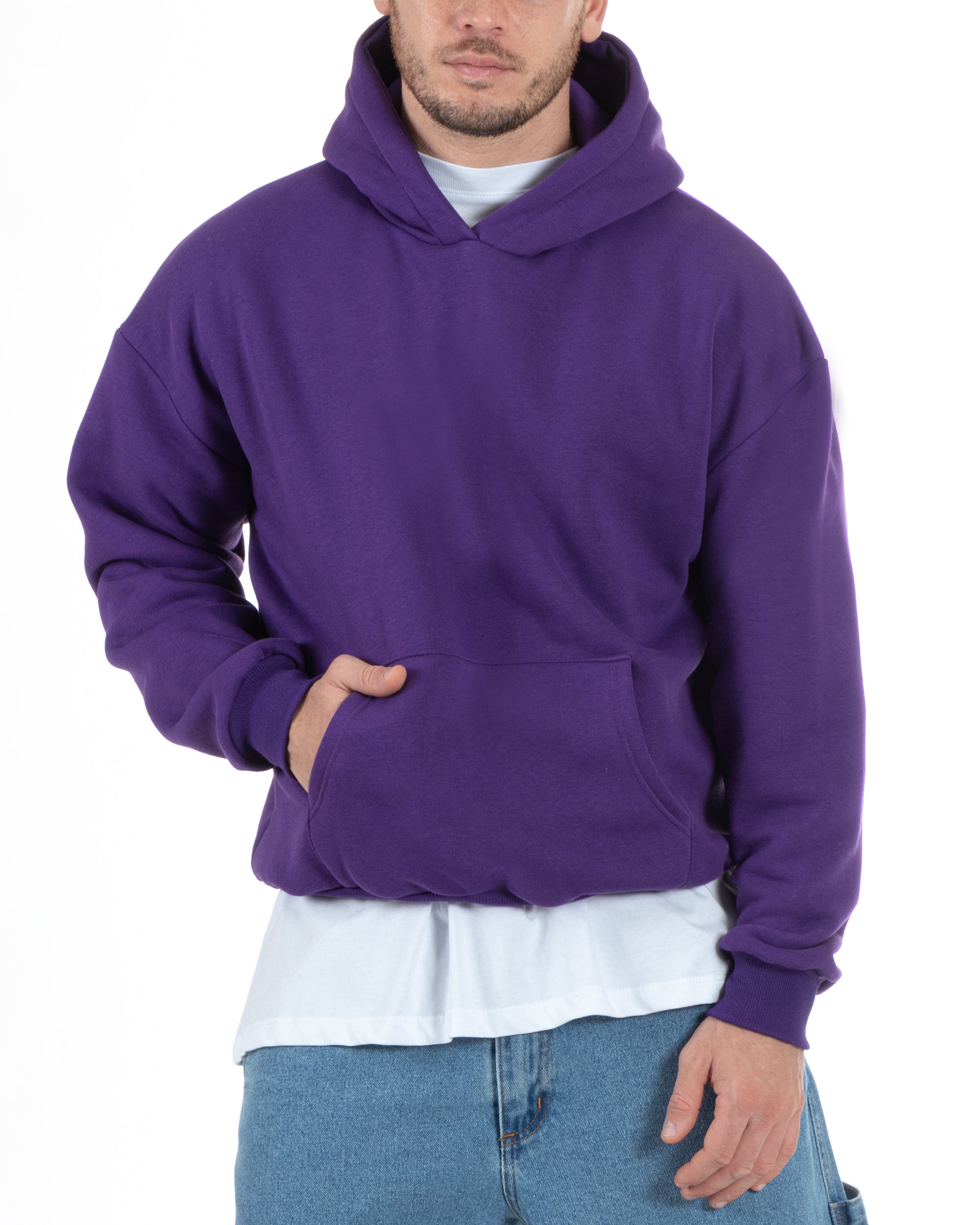 Felpa Con Cappuccio Uomo Boxy Fit Basic Felpata Comoda Tinta Unita Viola GIOSAL-F2997A