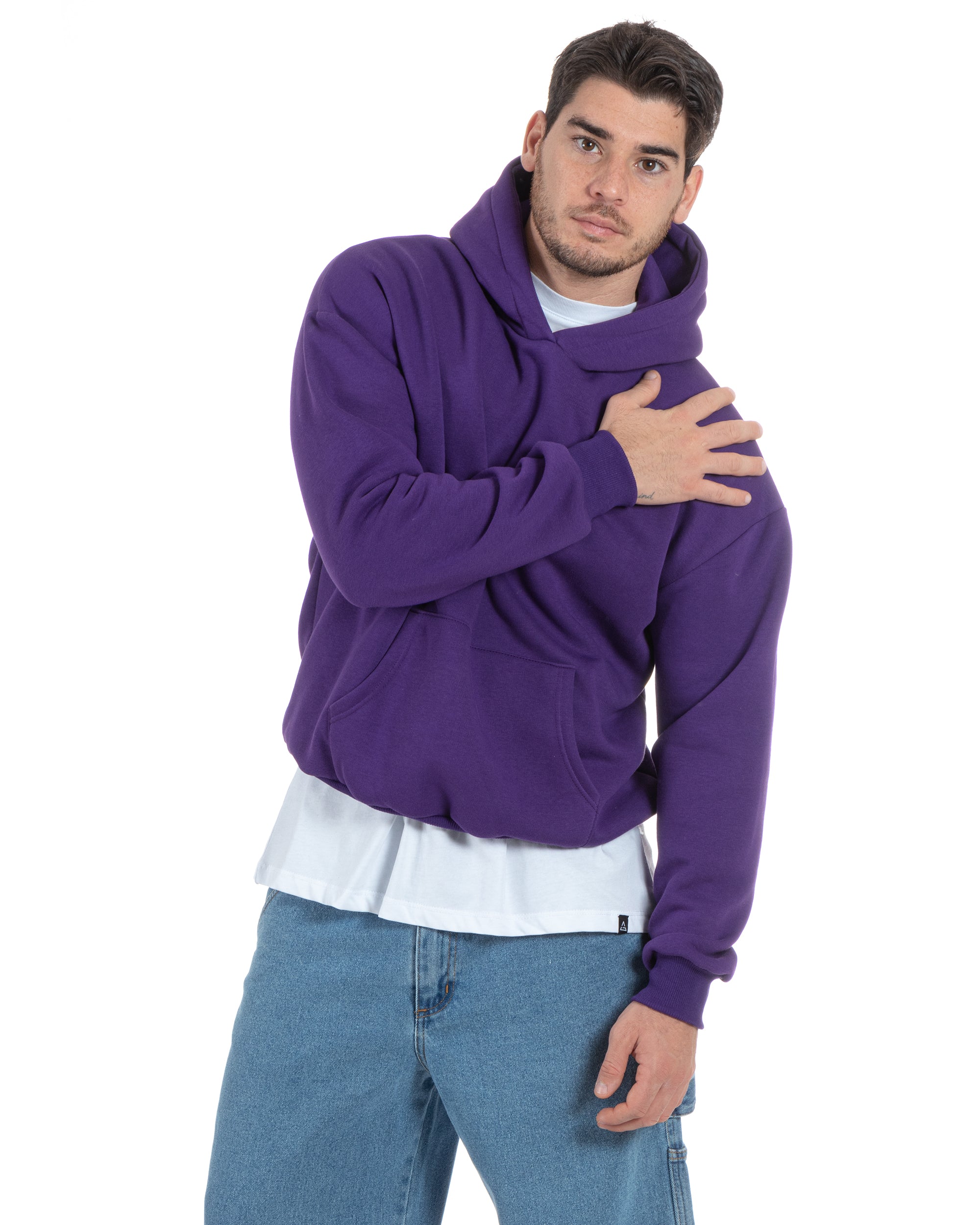 Felpa Con Cappuccio Uomo Boxy Fit Basic Felpata Comoda Tinta Unita Viola GIOSAL-F2997A