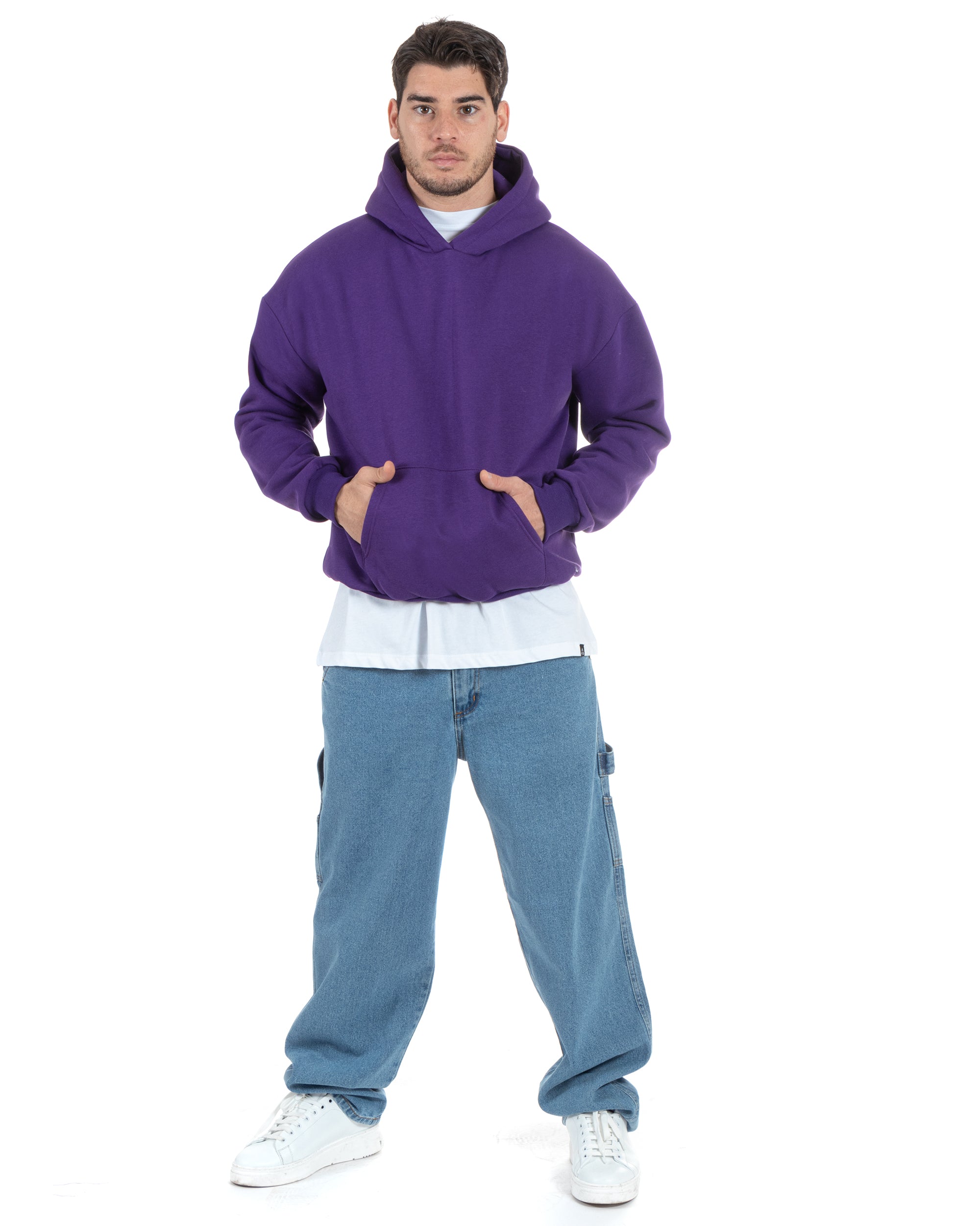 Felpa Con Cappuccio Uomo Boxy Fit Basic Felpata Comoda Tinta Unita Viola GIOSAL-F2997A