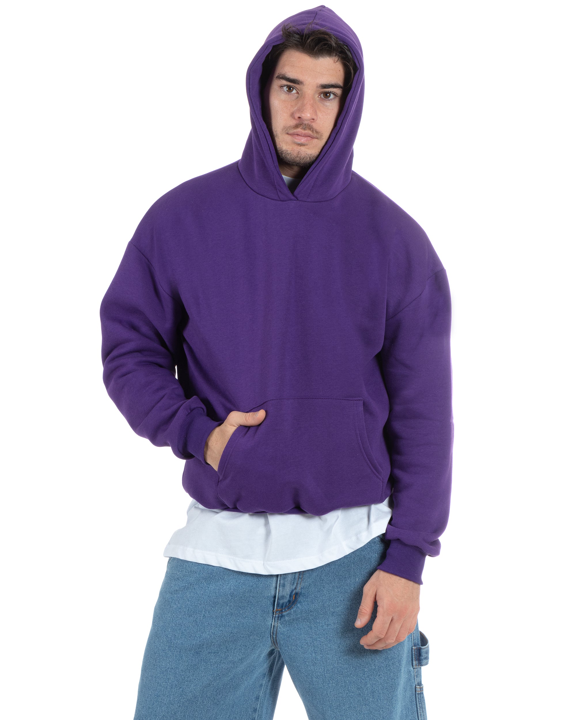 Felpa Con Cappuccio Uomo Boxy Fit Basic Felpata Comoda Tinta Unita Viola GIOSAL-F2997A