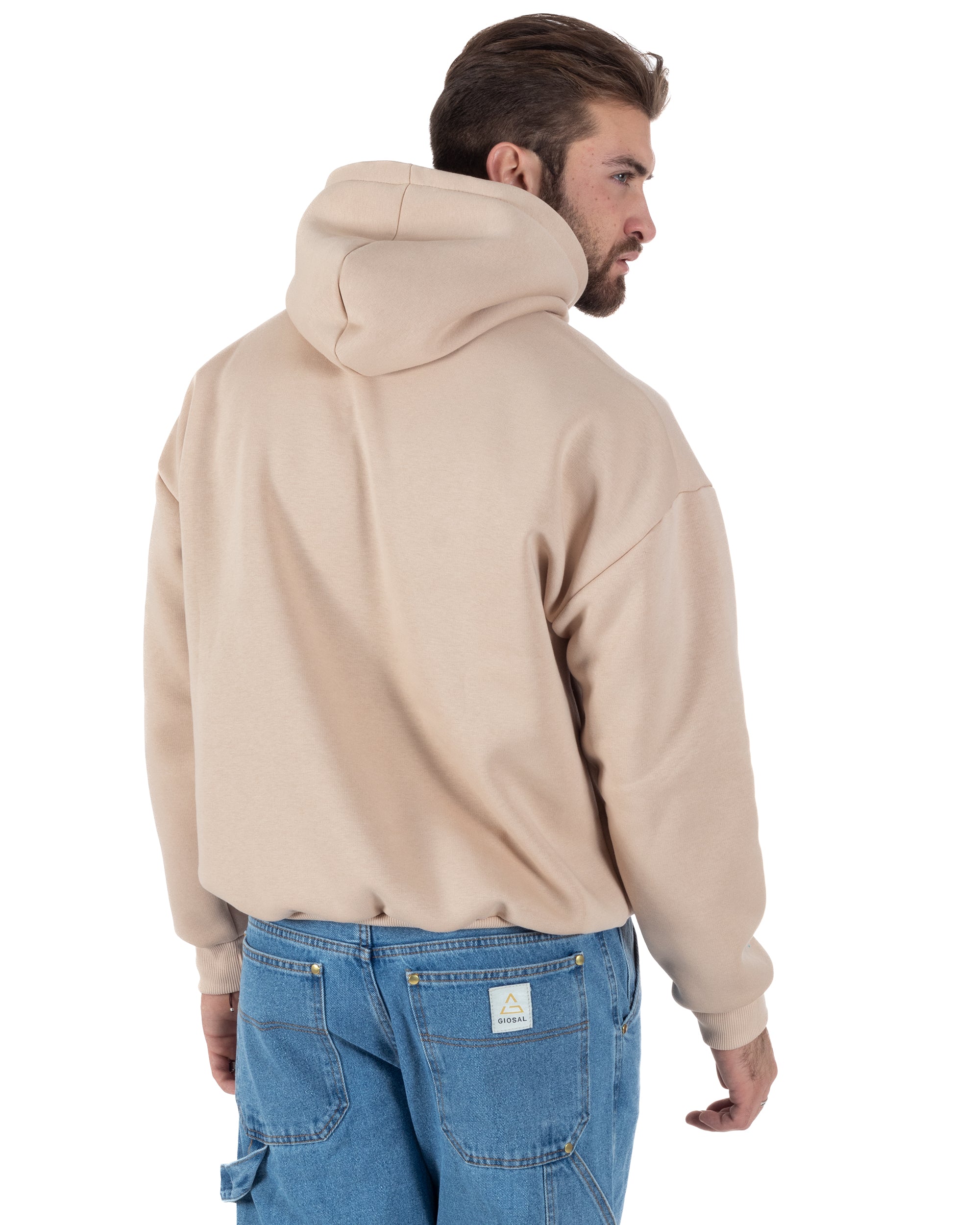 Felpa Con Cappuccio Uomo Boxy Fit Basic Felpata Comoda Beige F3003A