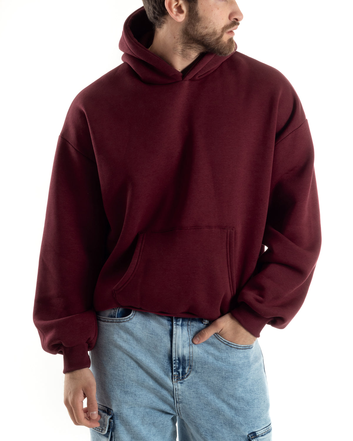 Men's Boxy Fit Basic Hoodie Comfortable Burgundy Sweatshirt F3005A