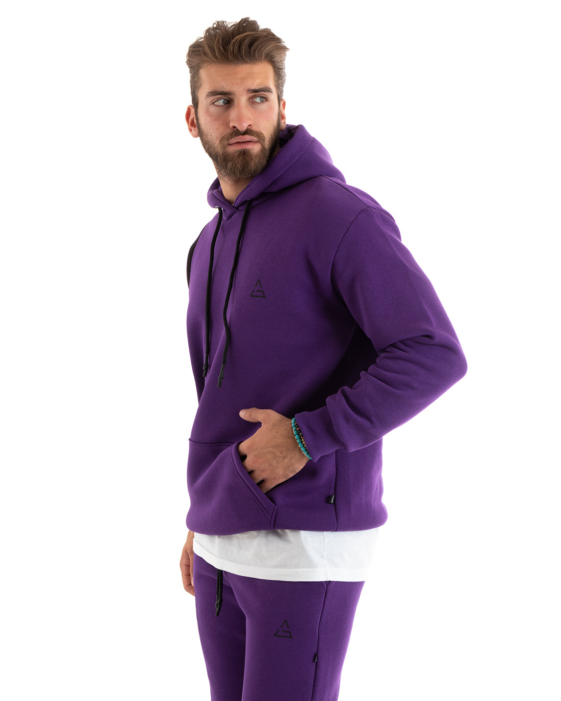 Felpa Uomo Con Cappuccio Maglia Felpata Basic Tinta Unita Bicolore Viola Regular Fit GIOSAL-F3012A