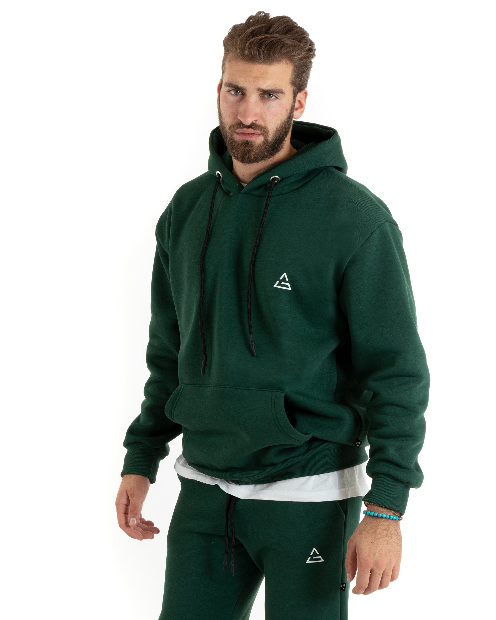 Felpa Uomo Con Cappuccio Maglia Felpata Basic Tinta Unita Verde Regular Fit GIOSAL-F3015A