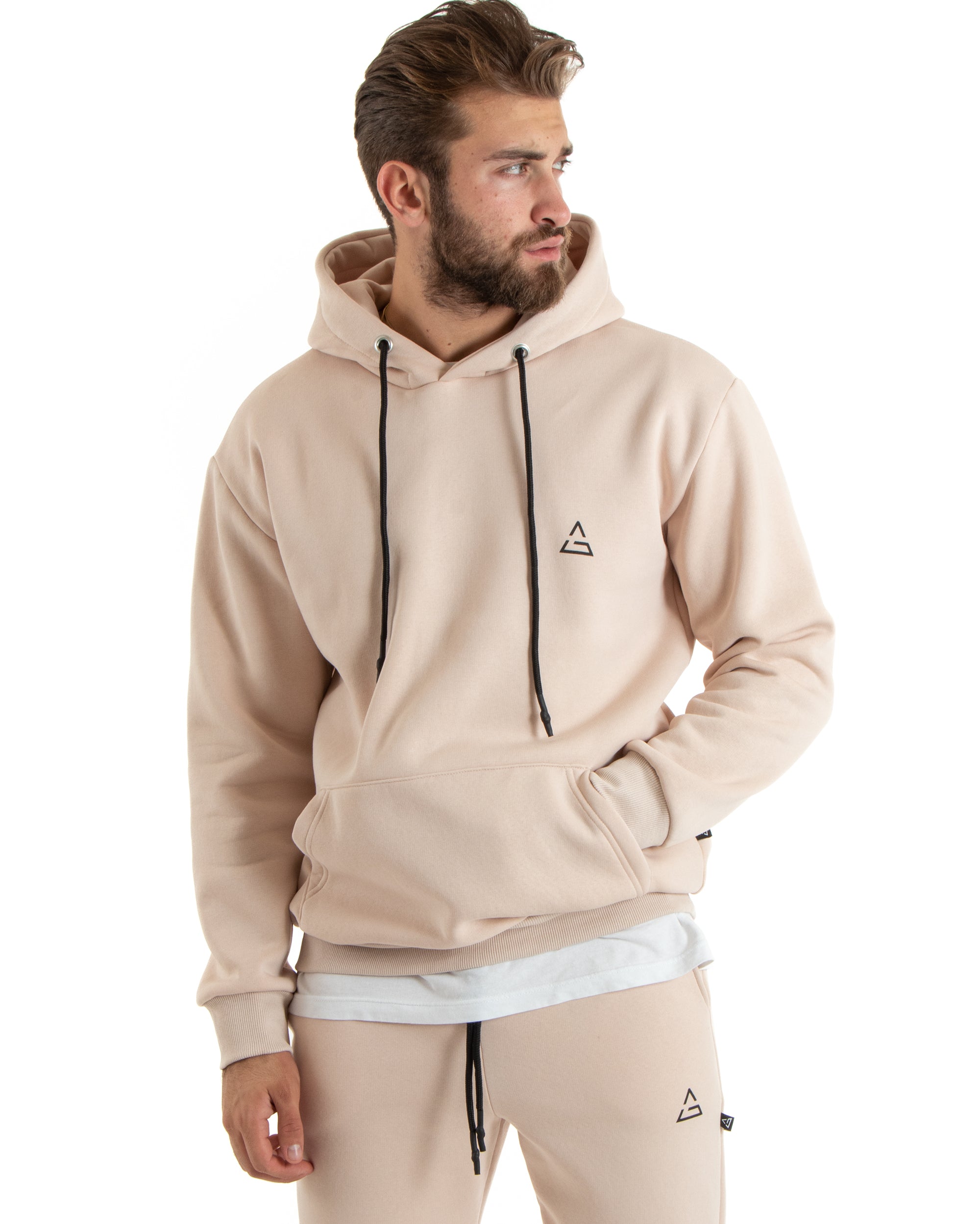 Felpa Uomo Con Cappuccio Maglia Felpata Basic Tinta Unita Avorio Regular Fit GIOSAL-F3016A