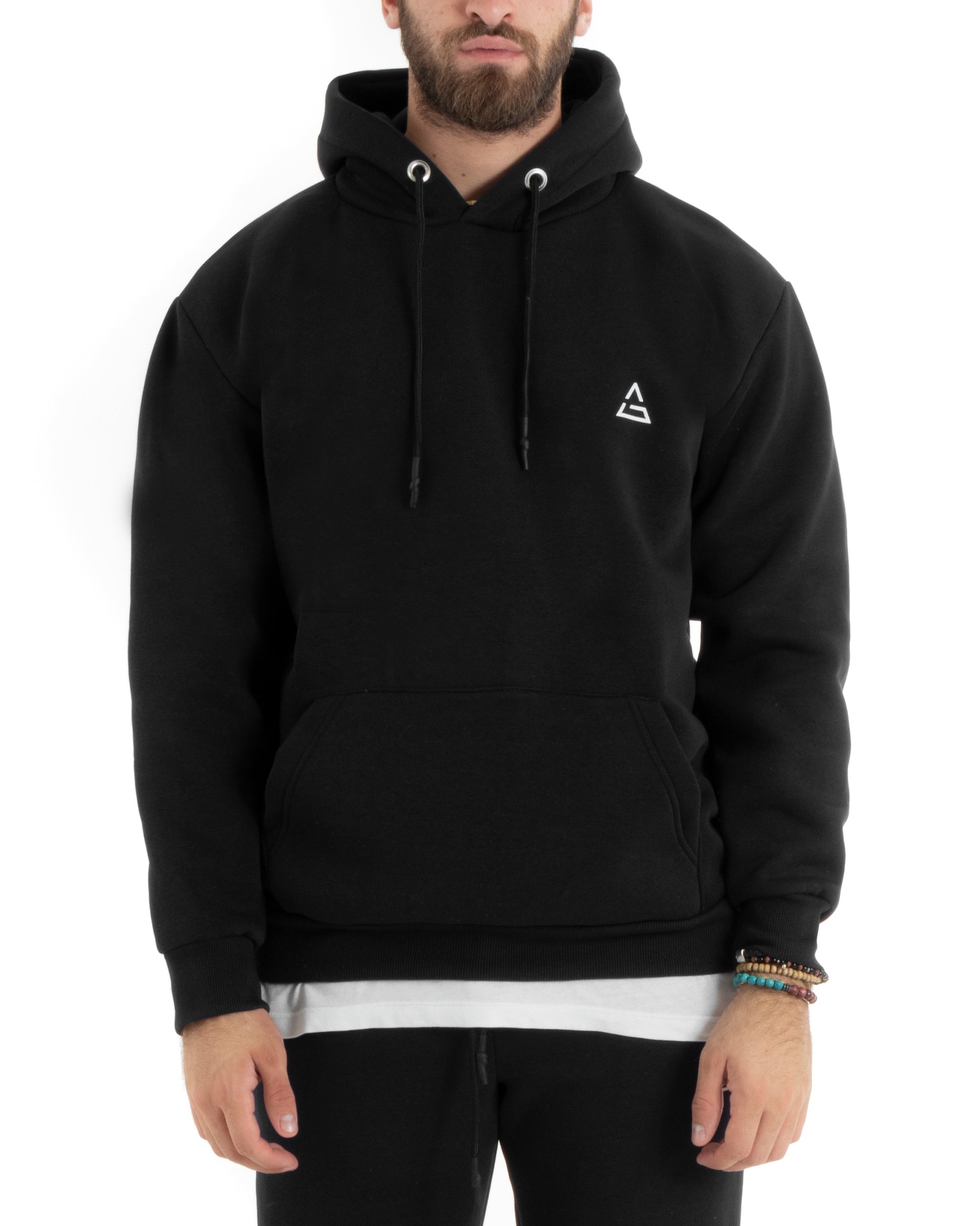 Felpa Uomo Con Cappuccio Maglia Felpata Basic Tinta Unita Nero Regular Fit GIOSAL-F3021A