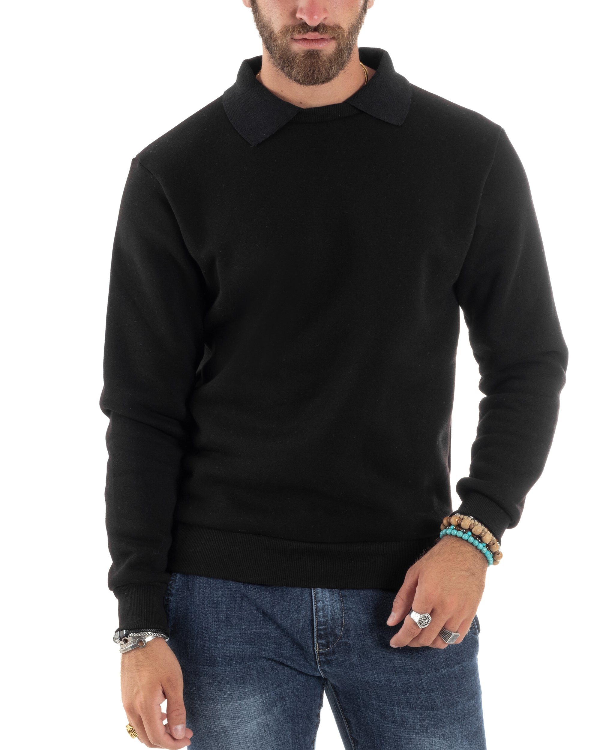 Felpa Uomo Con Colletto Polo Cotone Garzato Maglia Girocollo Comoda Regular Fit Casual Nero GIOSAL F3024A