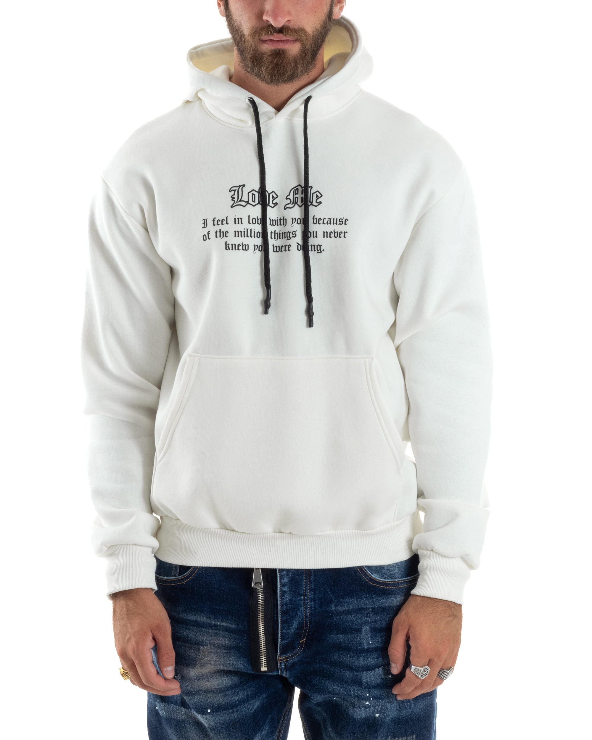 Felpa Uomo Con Cappuccio PolyCotton Garzato Maglia Con Tasca Marsupio Con Stampa Casual Comoda Panna GIOSAL-F3026A