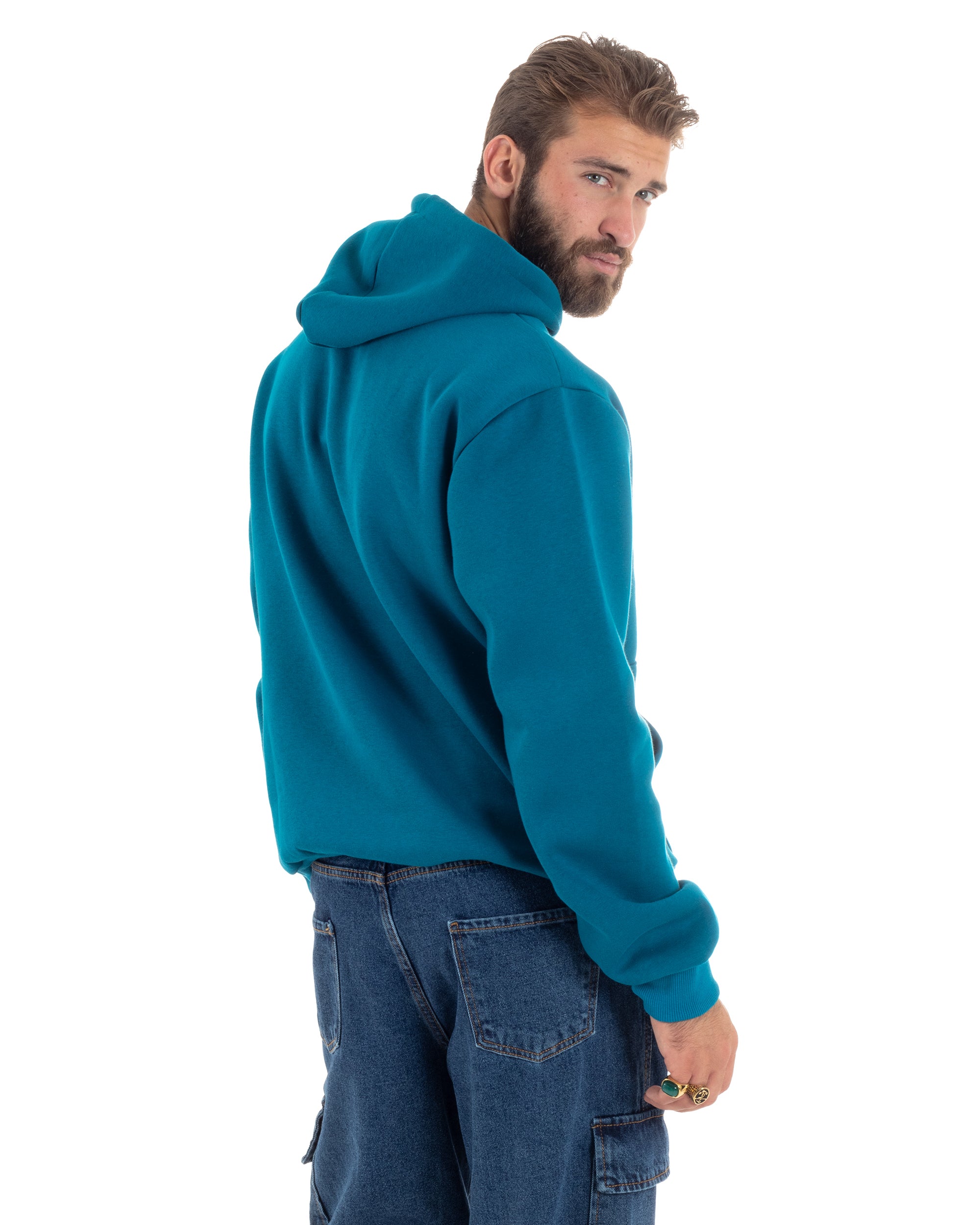 Felpa Uomo Con Cappuccio E Tascone Stampa Oversize Basic Cotone Felpato Comodo Ottanio GIOSAL-F3027A