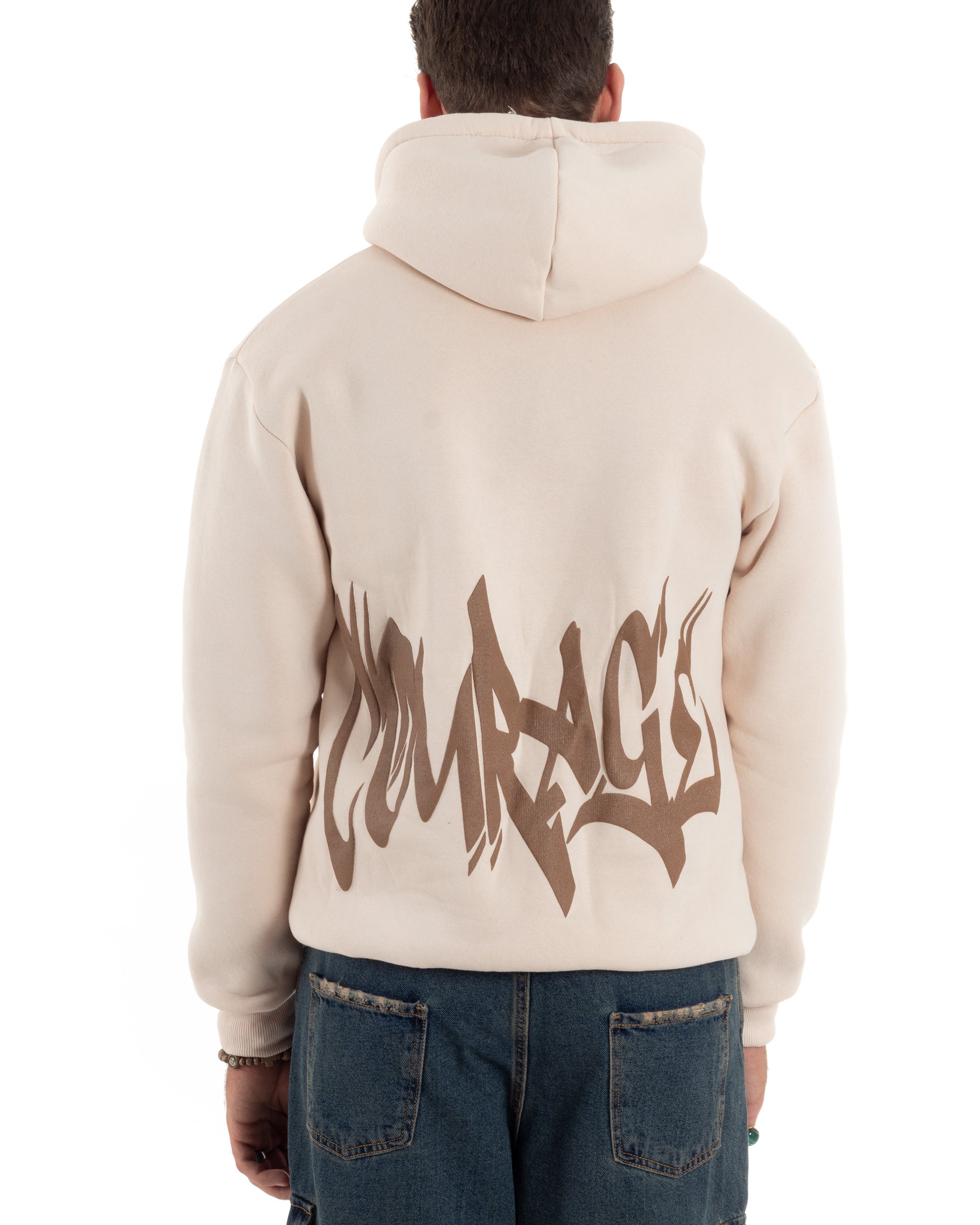 Felpa Uomo PolyCotton Garzata Maglia Calda Con Cappuccio Stampa E Tascone Relaxed Fit Beige GIOSAL-F3028A