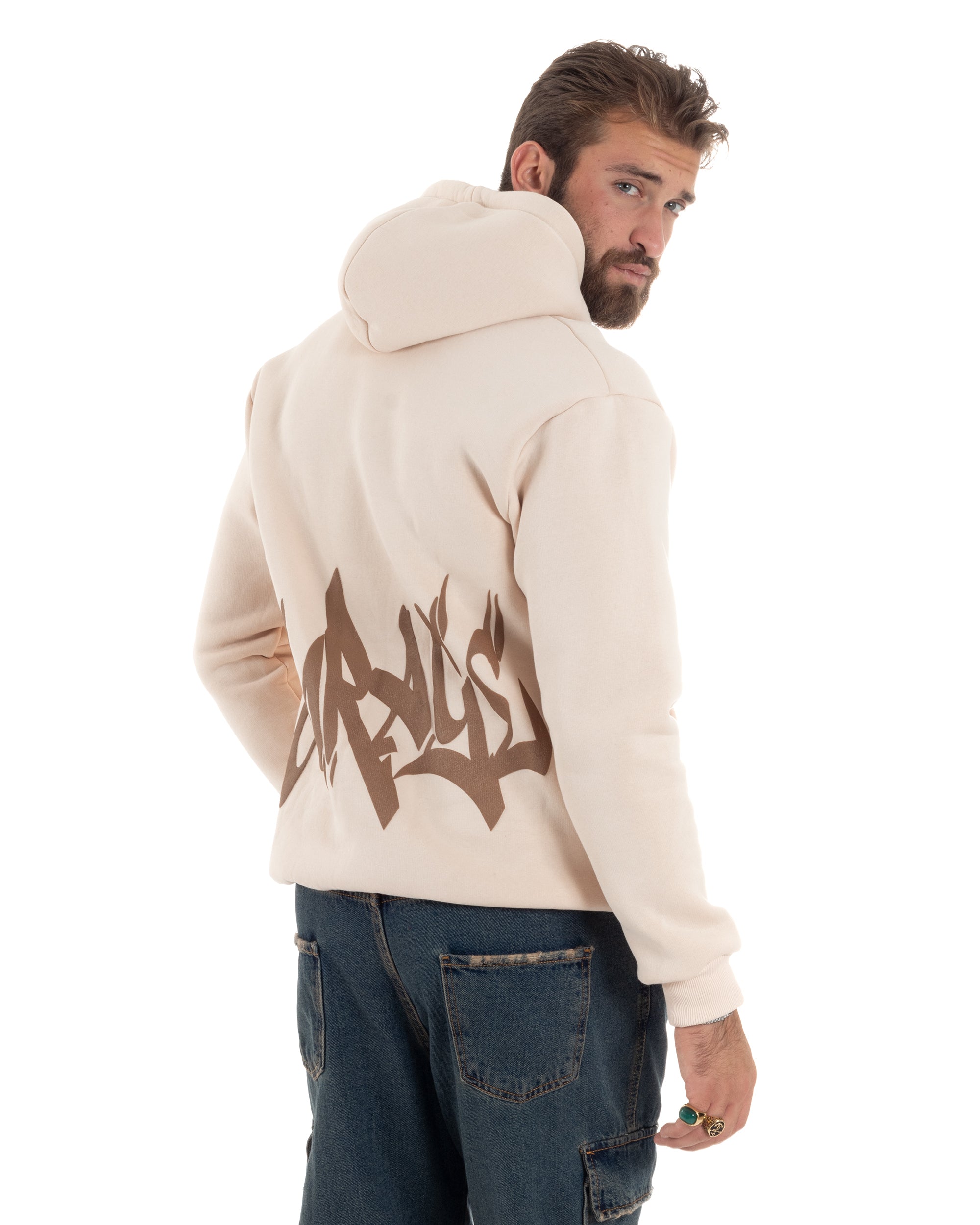 Felpa Uomo PolyCotton Garzata Maglia Calda Con Cappuccio Stampa E Tascone Relaxed Fit Beige GIOSAL-F3028A