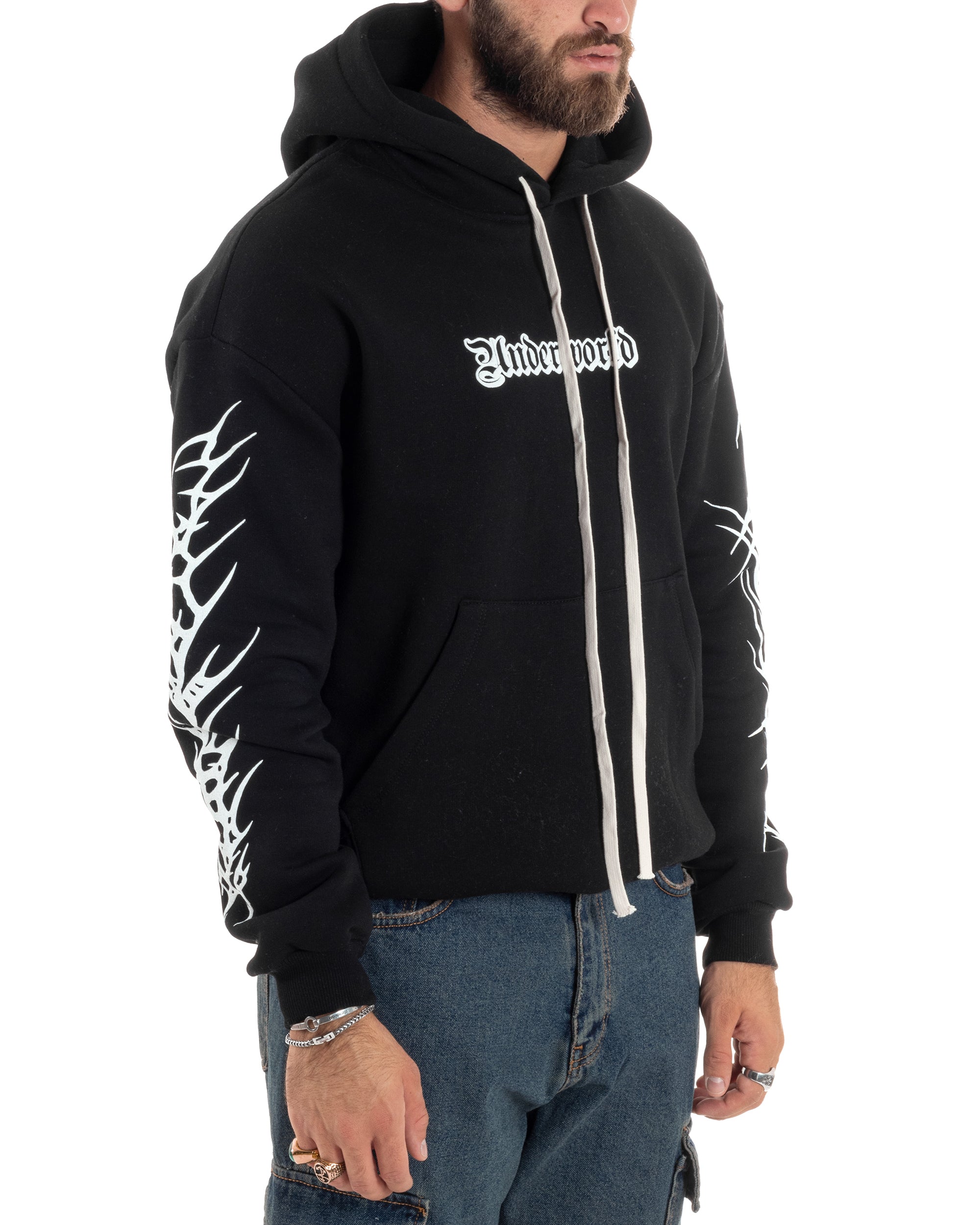 Felpa Uomo PolyCotton Garzata Con Stampa Cappuccio Maglia Calda Marsupio Relaxed Fit Nero GIOSAL-F3029A