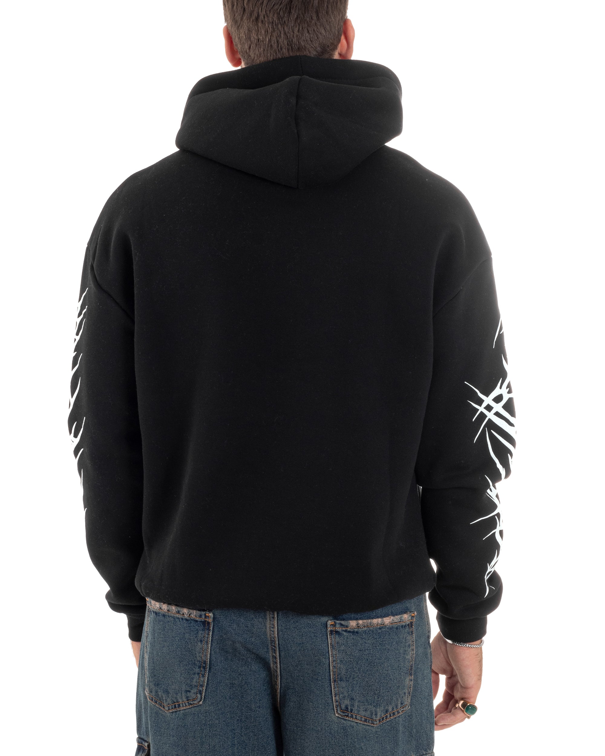 Felpa Uomo PolyCotton Garzata Con Stampa Cappuccio Maglia Calda Marsupio Relaxed Fit Nero GIOSAL-F3029A