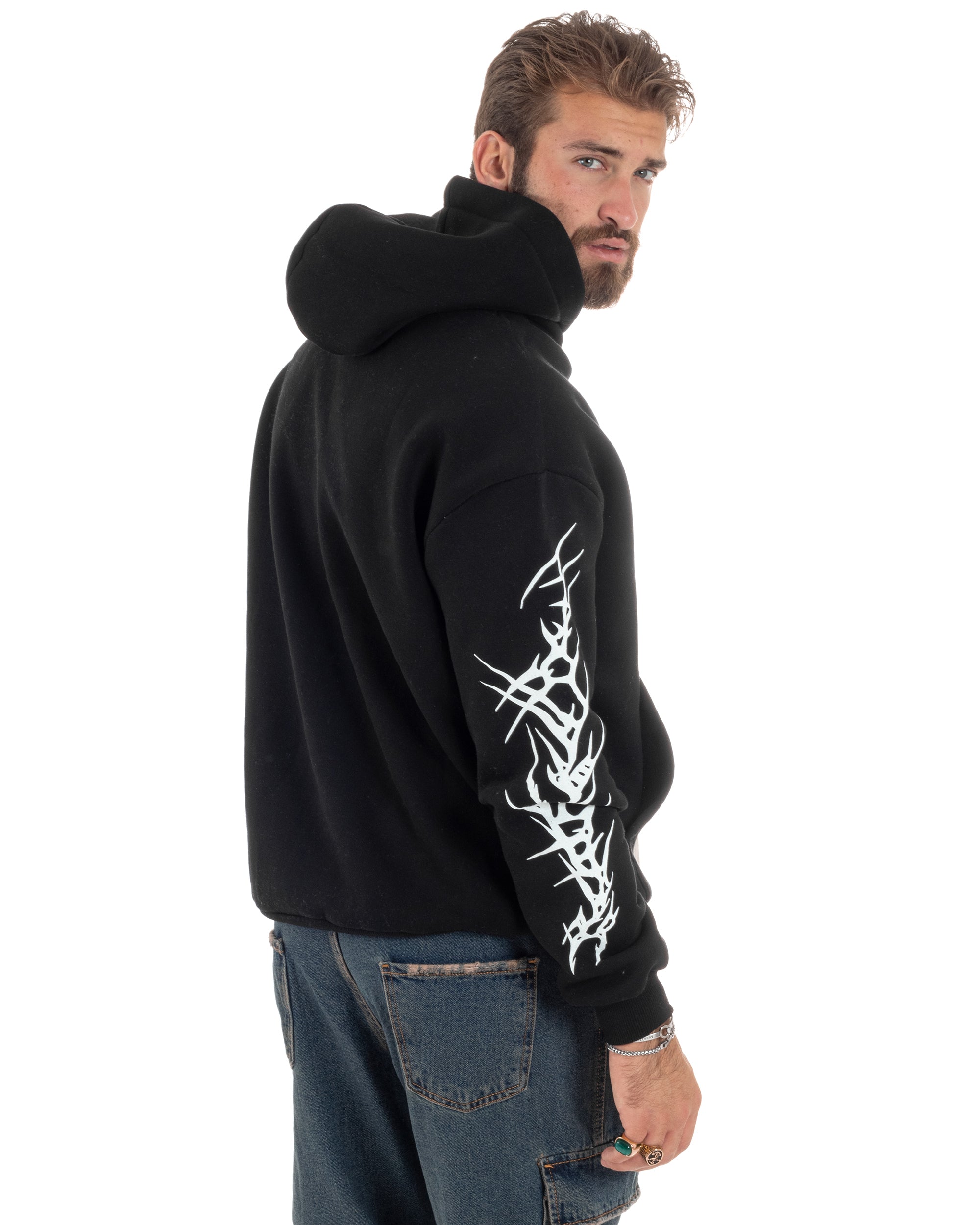 Felpa Uomo PolyCotton Garzata Con Stampa Cappuccio Maglia Calda Marsupio Relaxed Fit Nero GIOSAL-F3029A