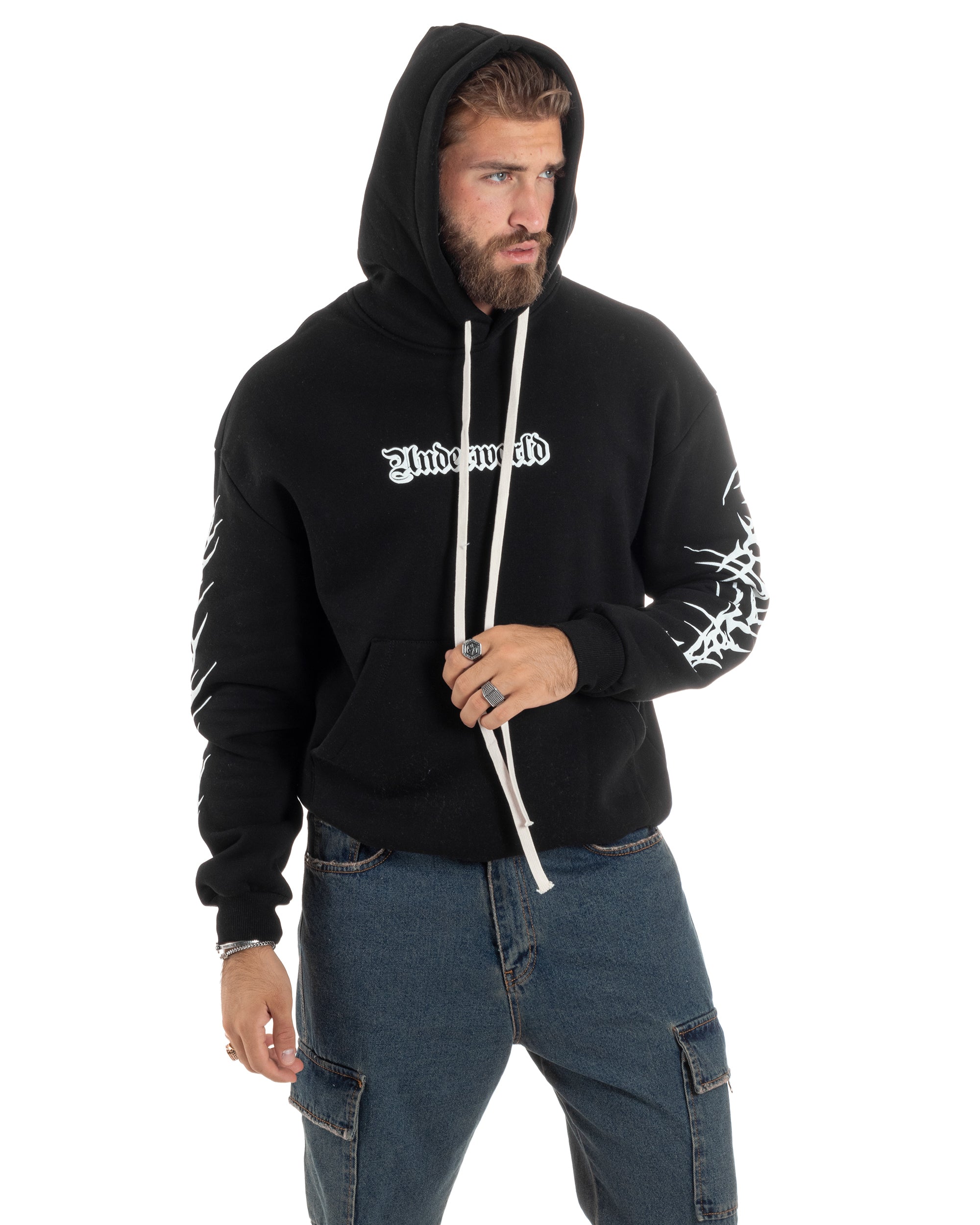 Felpa Uomo PolyCotton Garzata Con Stampa Cappuccio Maglia Calda Marsupio Relaxed Fit Nero GIOSAL-F3029A