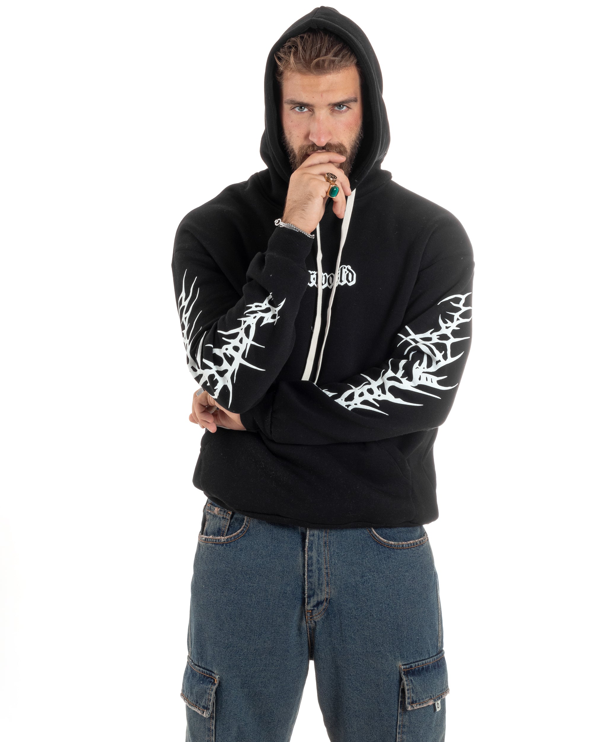 Felpa Uomo PolyCotton Garzata Con Stampa Cappuccio Maglia Calda Marsupio Relaxed Fit Nero GIOSAL-F3029A