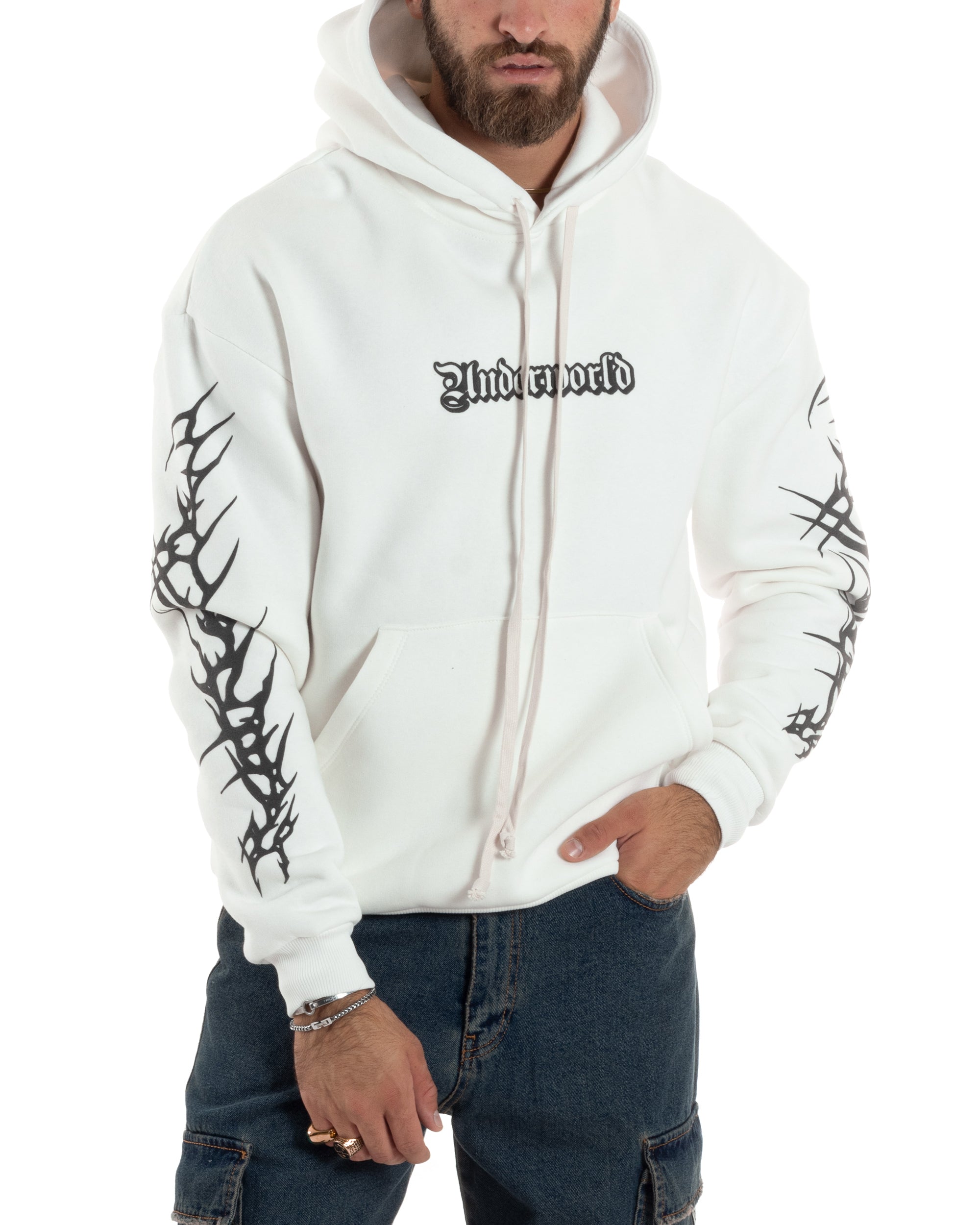 Felpa Uomo PolyCotton Garzata Con Stampa Cappuccio Maglia Calda Marsupio Relaxed Fit Bianco GIOSAL-F3030A