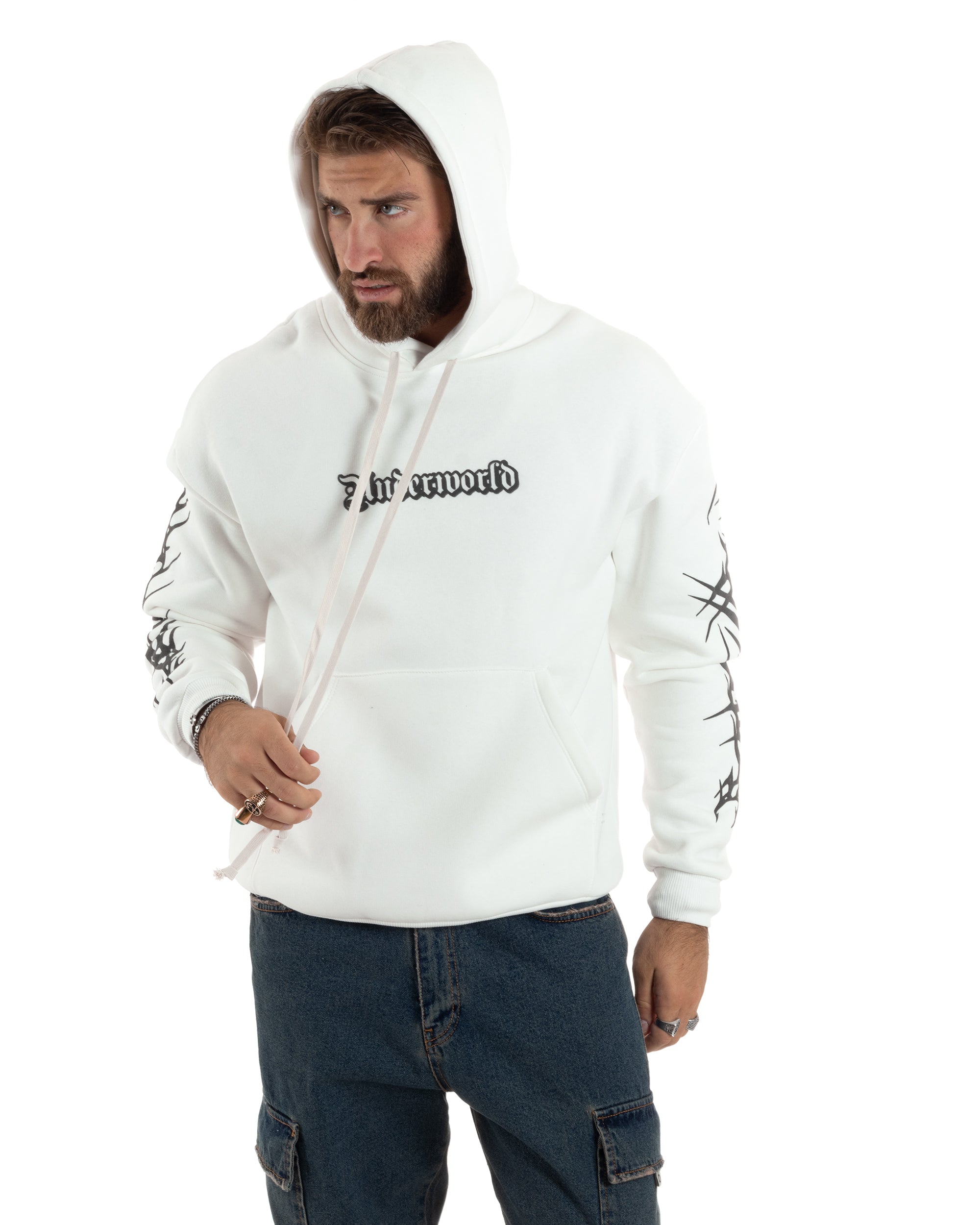 Felpa Uomo PolyCotton Garzata Con Stampa Cappuccio Maglia Calda Marsupio Relaxed Fit Bianco GIOSAL-F3030A