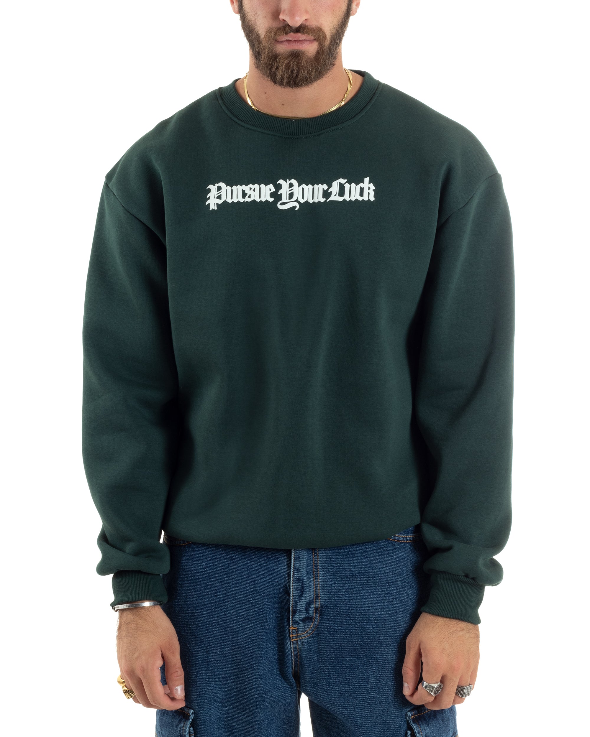 Felpa Uomo PolyCotton Girocollo Con Stampa Maglia Garzata Calda Relaxed Fit Tinta Unita Verde GIOSAL-F3031A