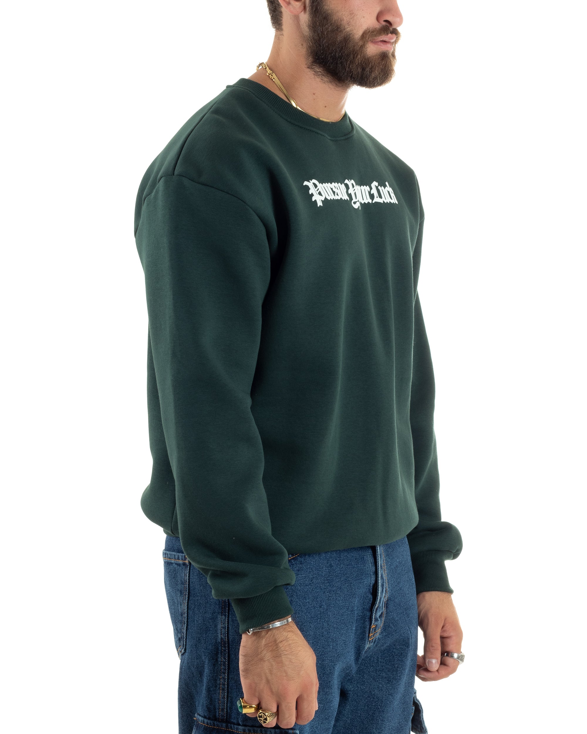 Felpa Uomo PolyCotton Girocollo Con Stampa Maglia Garzata Calda Relaxed Fit Tinta Unita Verde GIOSAL-F3031A