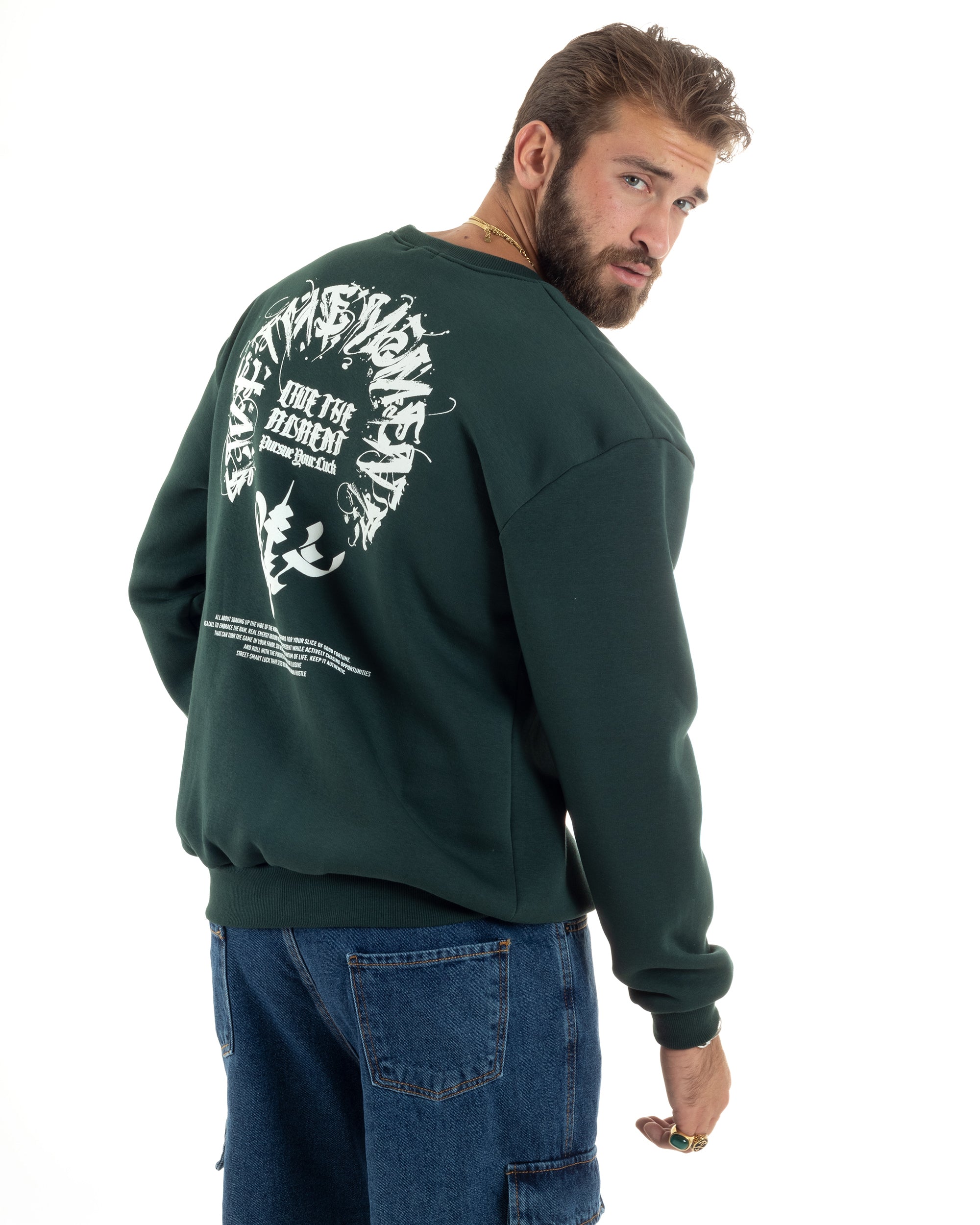 Felpa Uomo PolyCotton Girocollo Con Stampa Maglia Garzata Calda Relaxed Fit Tinta Unita Verde GIOSAL-F3031A