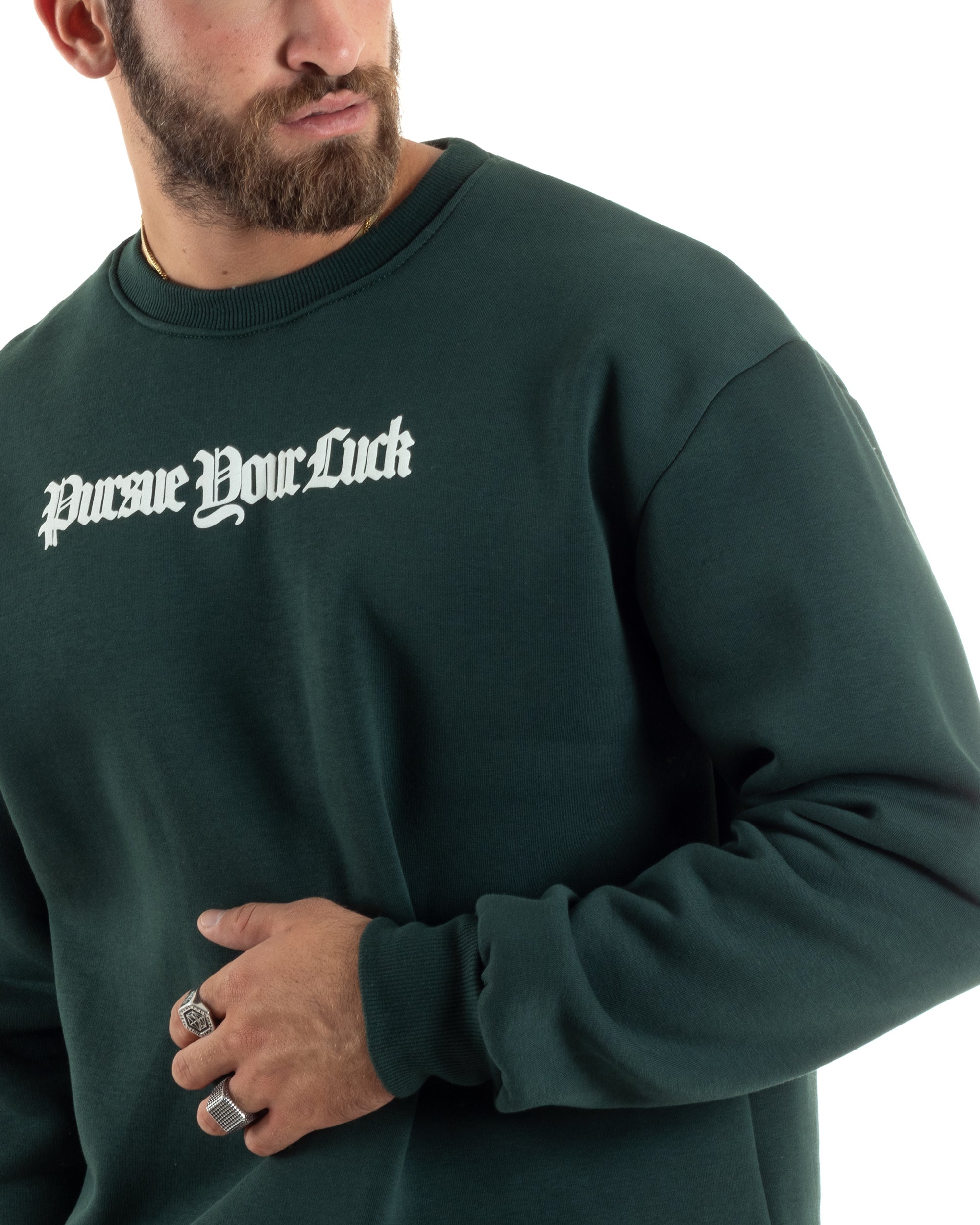 Felpa Uomo PolyCotton Girocollo Con Stampa Maglia Garzata Calda Relaxed Fit Tinta Unita Verde GIOSAL-F3031A