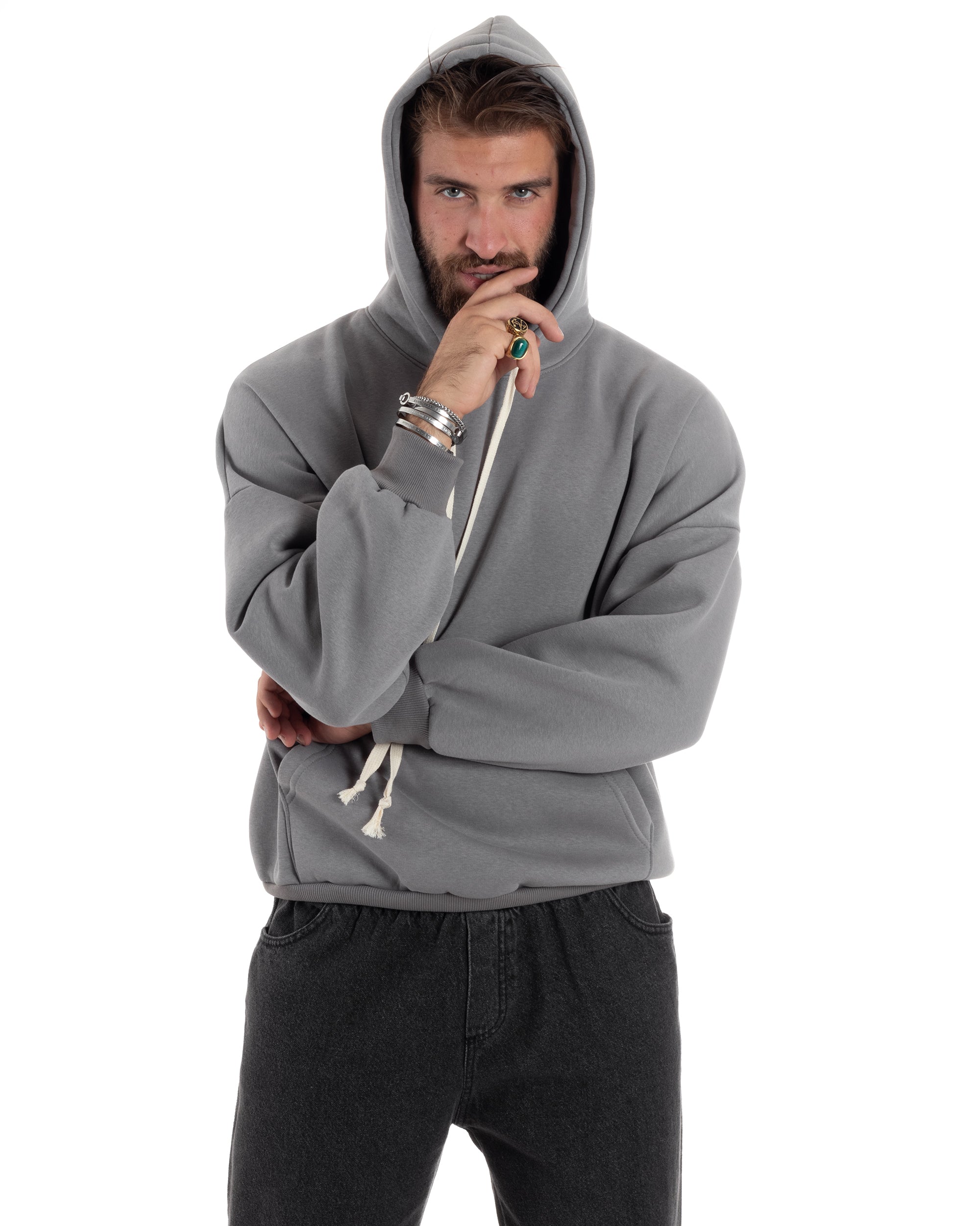 Felpa Uomo PolyCotton Garzata Con Cappuccio Regolabile Stampa Marsupio Maglia Casual Calda Oversize Grigio GIOSAL-F3032A