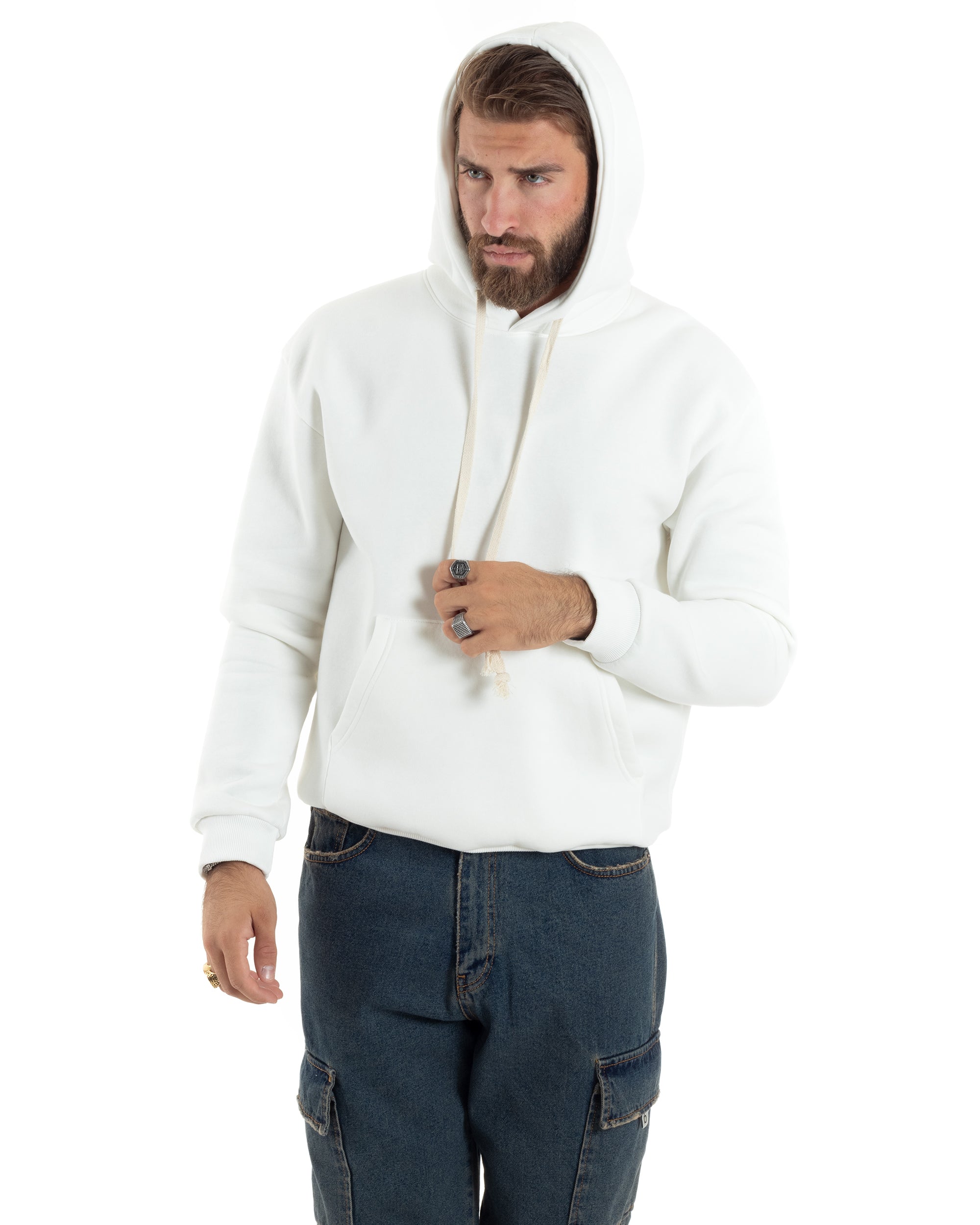 Felpa Uomo PolyCotton Garzata Con Cappuccio E Ricamo Teddy Relaxed Fit Maglia Con Marsupio Calda Panna GIOSAL-F3033A