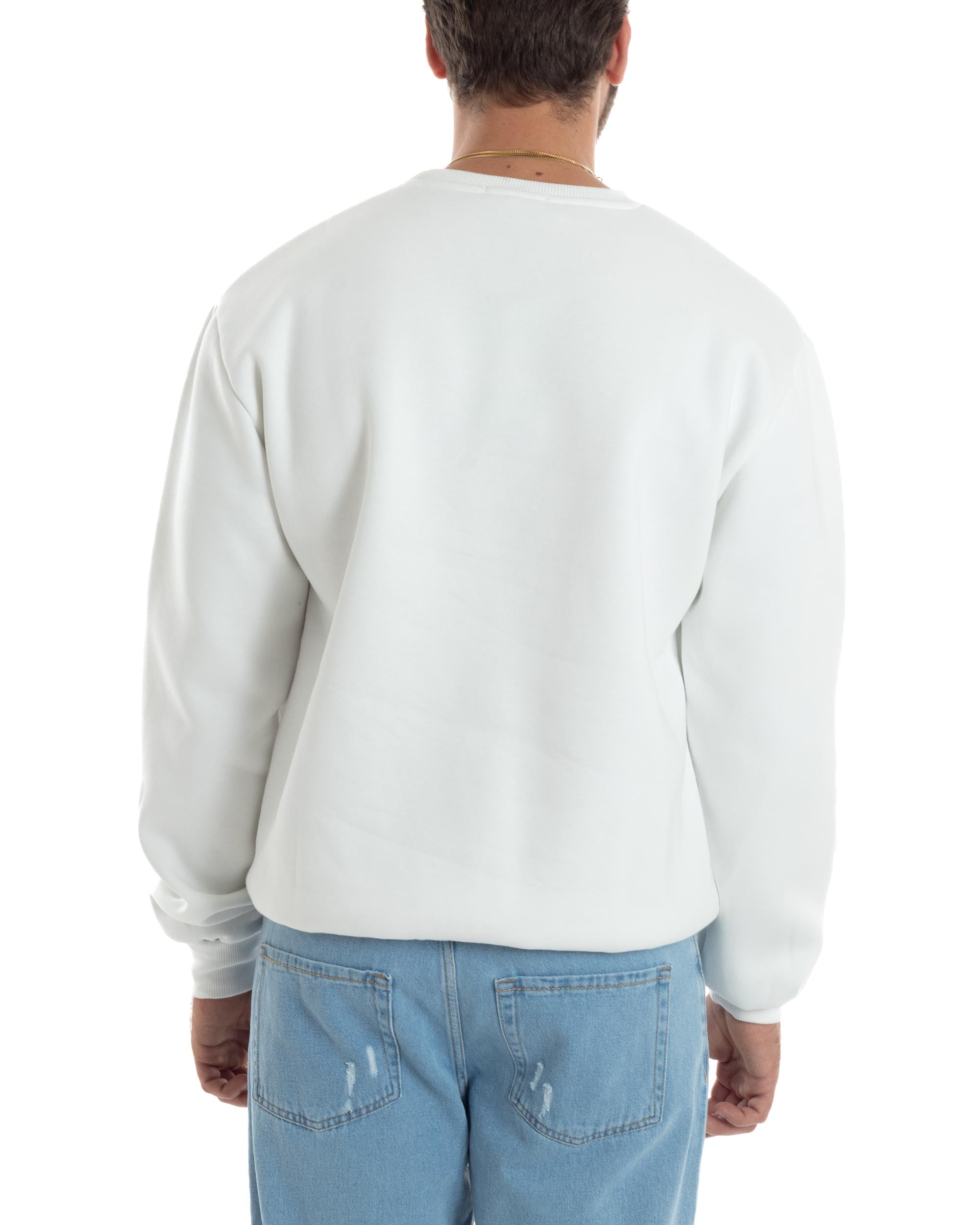 Felpa Uomo PolyCotton Girocollo Varsity Garzata Stampa College Maglia Calda Bianco GIOSAL-F3034A