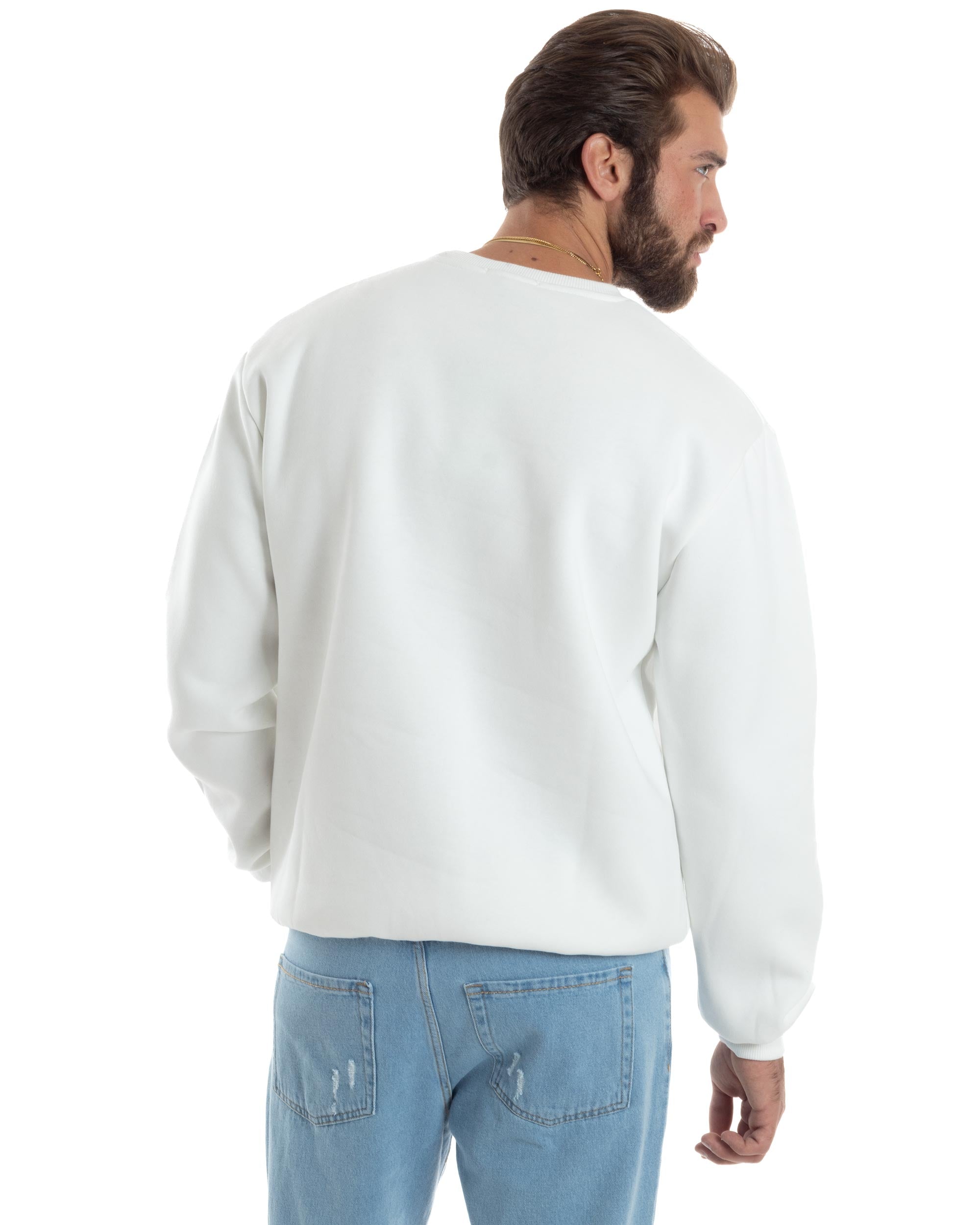 Felpa Uomo PolyCotton Girocollo Varsity Garzata Stampa College Maglia Calda Bianco GIOSAL-F3034A