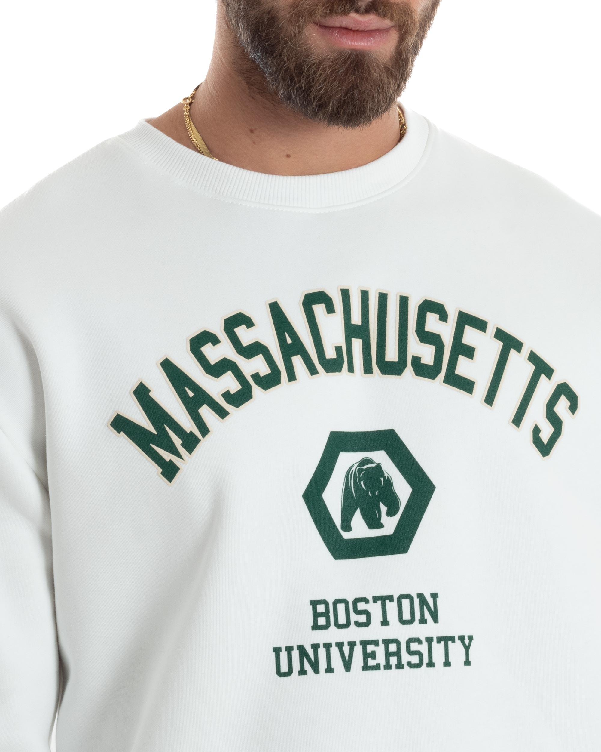 Felpa Uomo PolyCotton Girocollo Varsity Garzata Stampa College Maglia Calda Bianco GIOSAL-F3034A