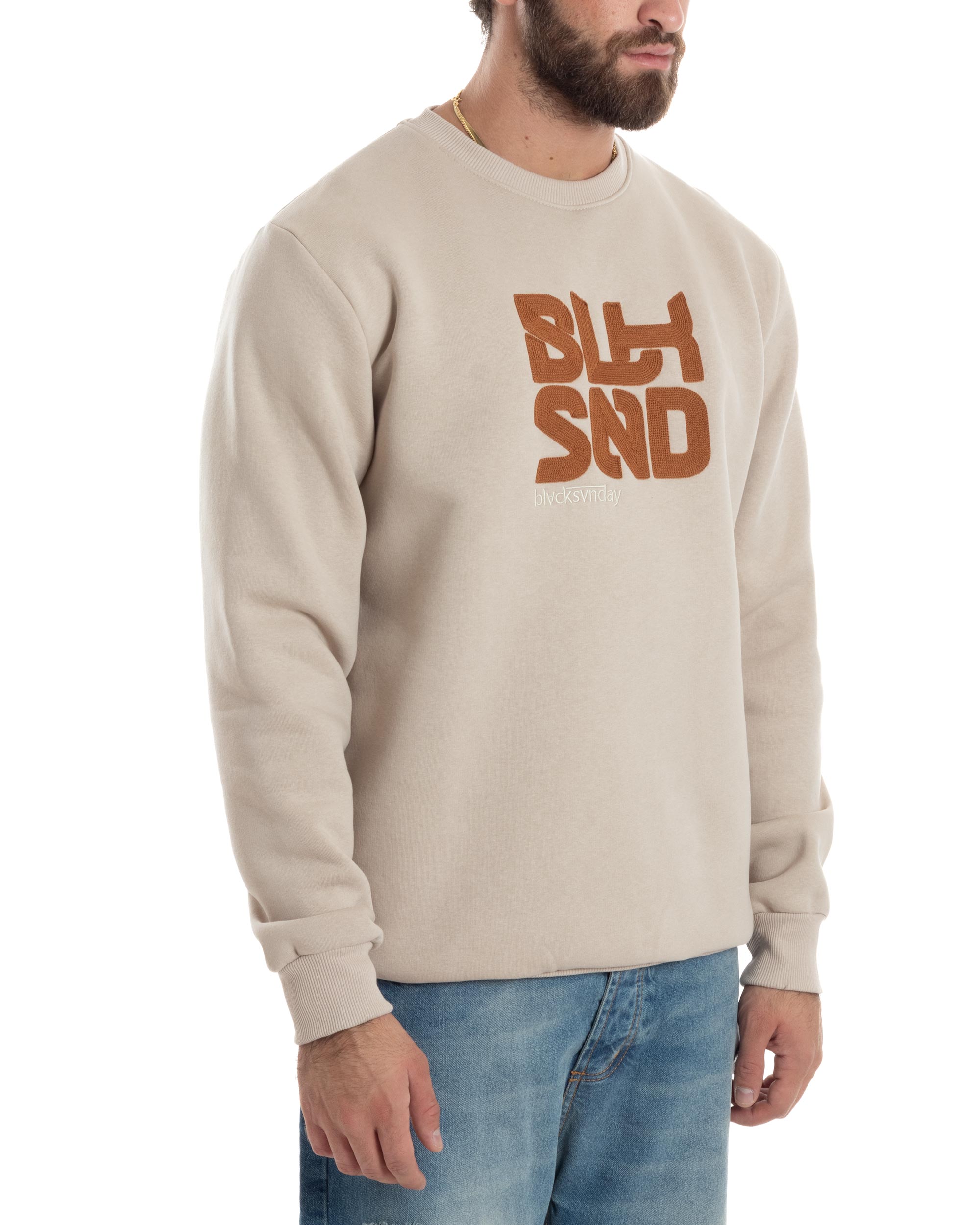 Felpa Uomo PolyCotton Girocollo Con Ricamo Maglia Garzata Calda Comoda Casual Beige GIOSAL-F3038A