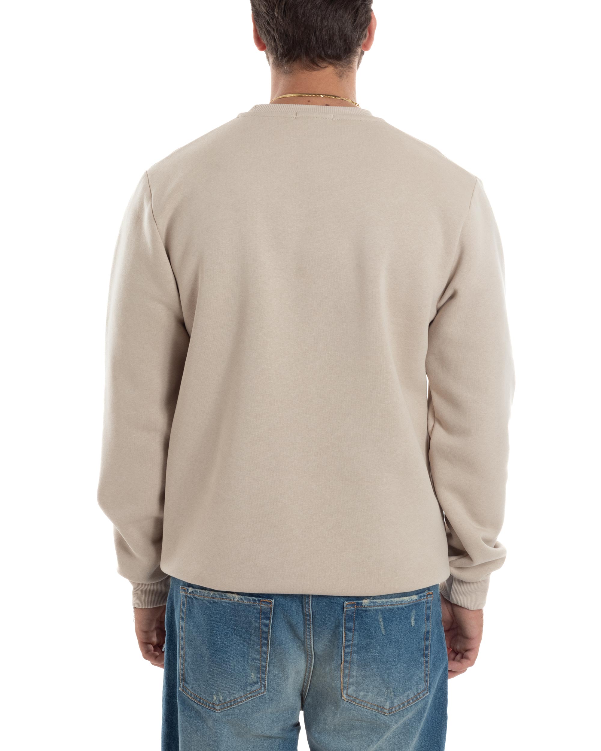 Felpa Uomo PolyCotton Girocollo Con Ricamo Maglia Garzata Calda Comoda Casual Beige GIOSAL-F3038A