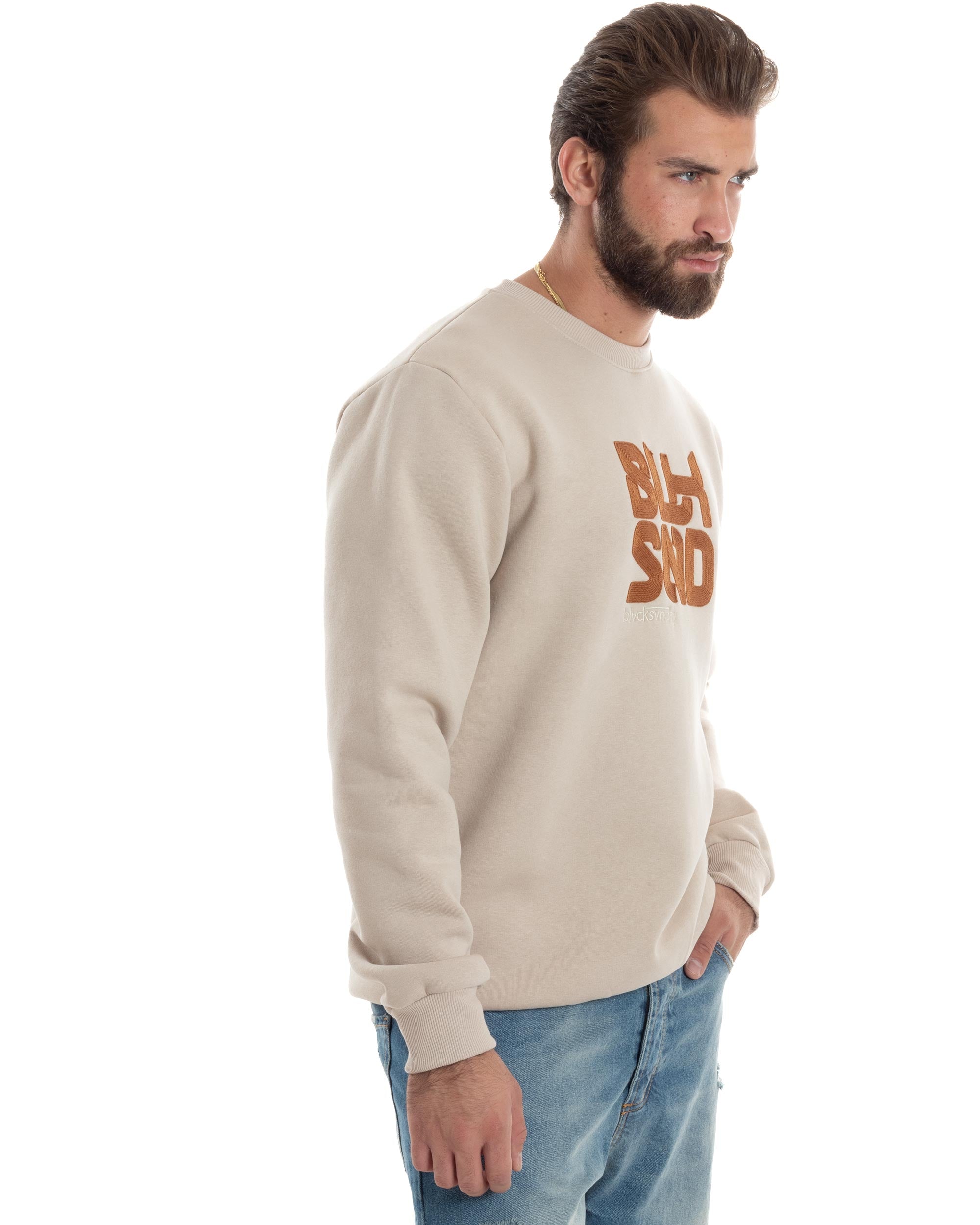 Felpa Uomo PolyCotton Girocollo Con Ricamo Maglia Garzata Calda Comoda Casual Beige GIOSAL-F3038A