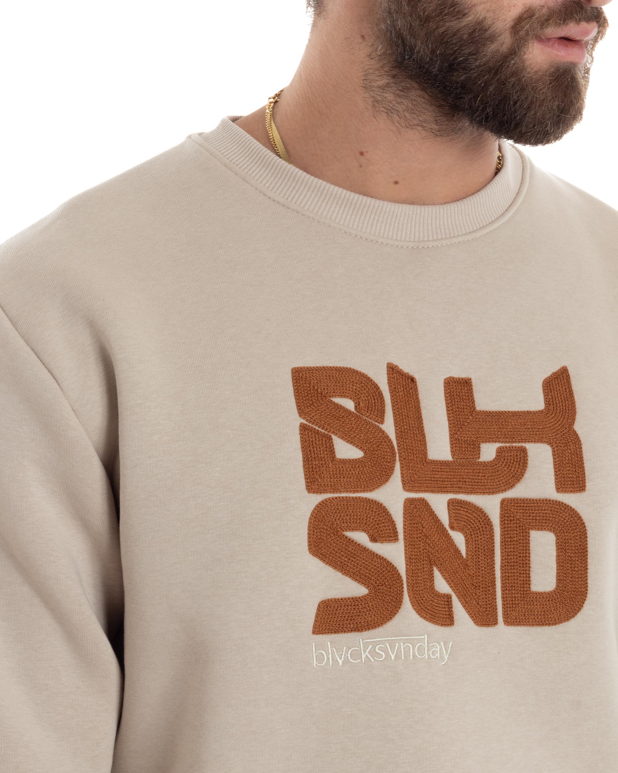 Felpa Uomo PolyCotton Girocollo Con Ricamo Maglia Garzata Calda Comoda Casual Beige GIOSAL-F3038A